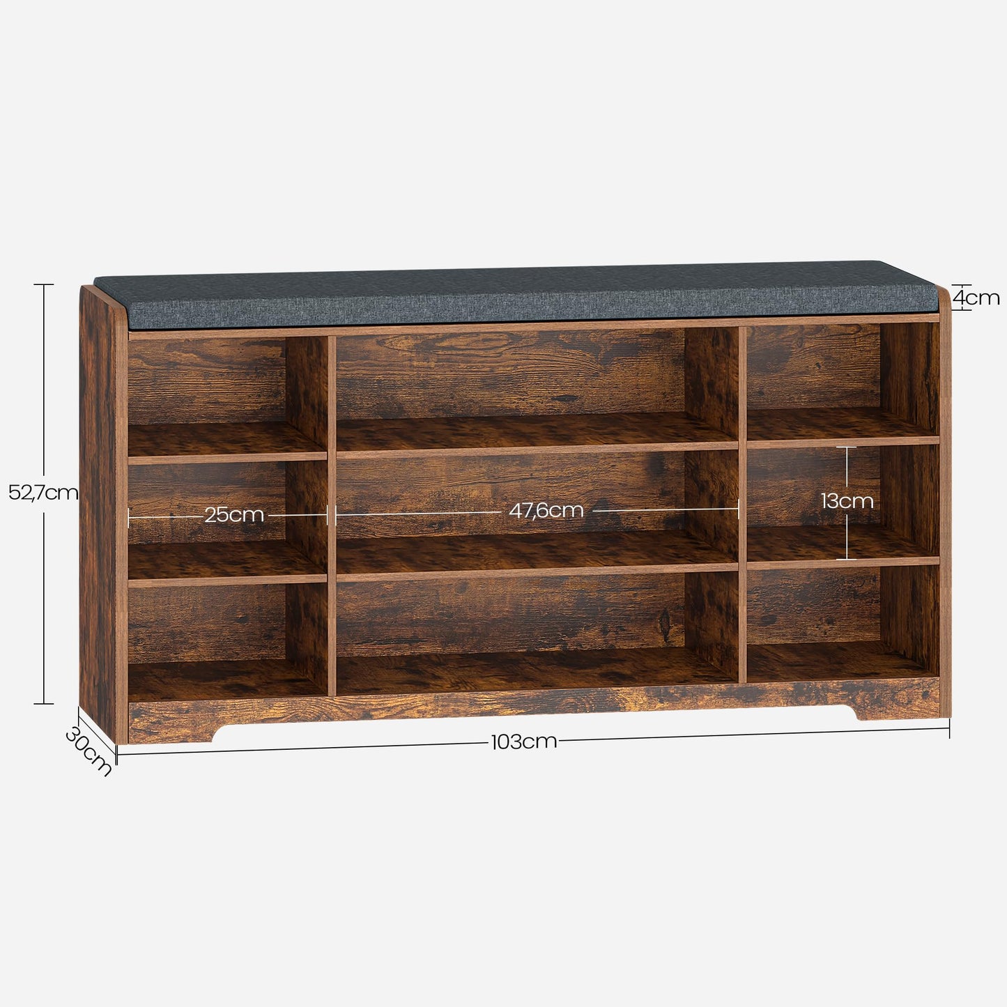 Hzuaneri shoe bench, shoe rack with seat, storage bench, cushion, 9 compartments, 30 x 103 x 52.7 cm, adjustable shelves, for living room, hallway, bedroom, vintage brown SB10001X