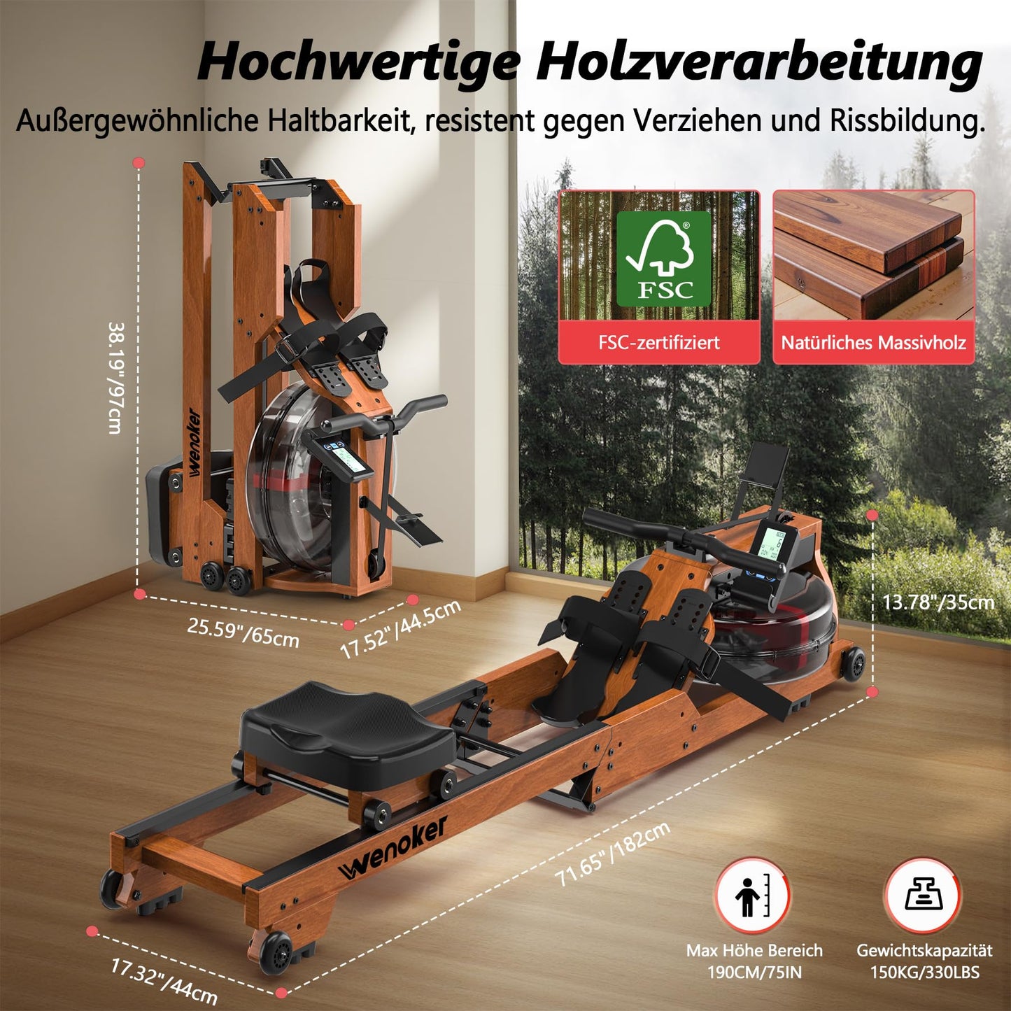 Wenoker Home Water Rowing Machine made of solid wood, foldable rowing machine with Bluetooth display, high-quality wood construction, double slide rails, max weight capacity of 150kg.