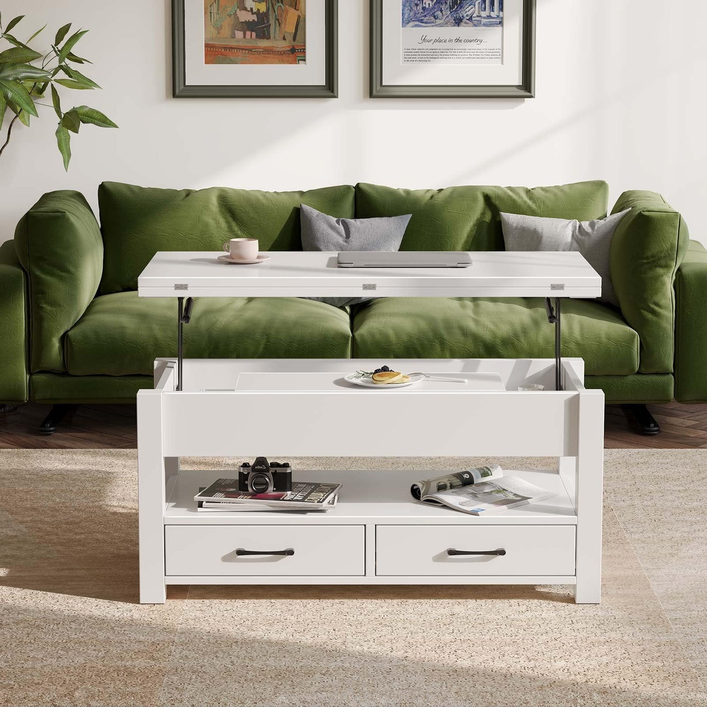Rolanstar Adjustable Height Coffee Table, Living Room Table with Drawer & Hidden Compartment, Convertible Coffee to Dining Table, 100 x 50 cm Wooden Sofa Table, White