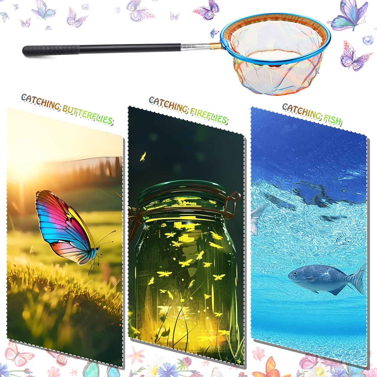 Jeinbuil Telescope Children's Butterfly Net Children's Small Fishing Net Outdoor Length from 66 cm to 145 cm Ideal for catching insects, fishing, pond, pool, garden, beach (1 piece)