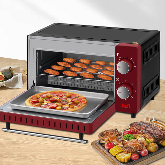 WOLTU Mini Oven 10 Liters, 650 Watts Toaster Oven, small electric oven, 100-230 °C, 60 min., top and bottom heat, with baking tray, grill grate, and detachable handle, red+black.