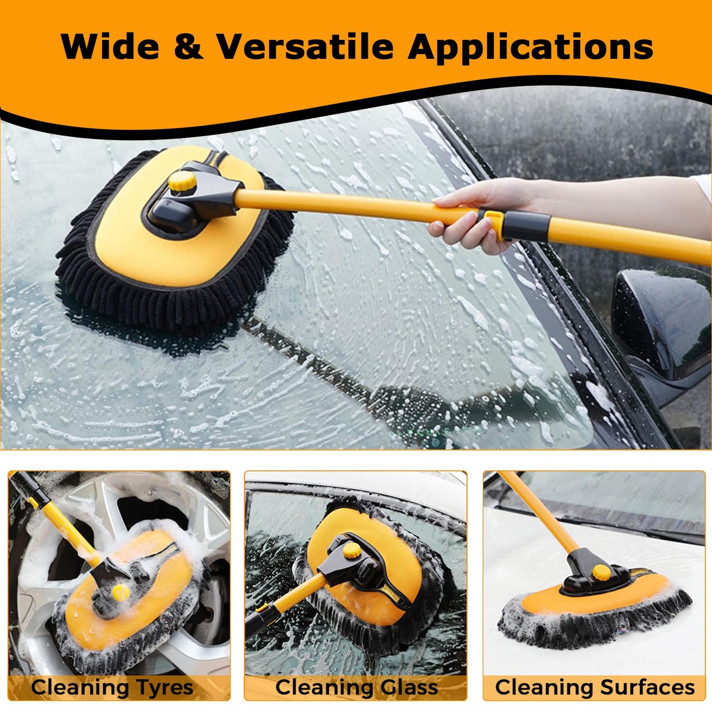 WillingHeart 15° Curve Car Wash Brush with Telescopic Handle RV Car Truck Auto Wash Brush Telescopic 43" Aluminum Microfiber Car Wash Mop Scratch-Free Cleaning Tool Wash Set Detailing Brush