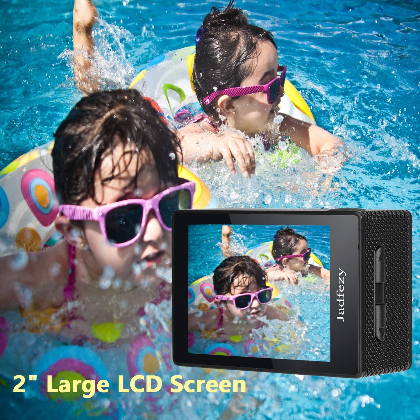 Jadfezy Action Cam FHD 1080P/12MP, underwater camera waterproof up to 30M, 140 degree wide angle action camera with two 900 mAh rechargeable batteries and accessory set.