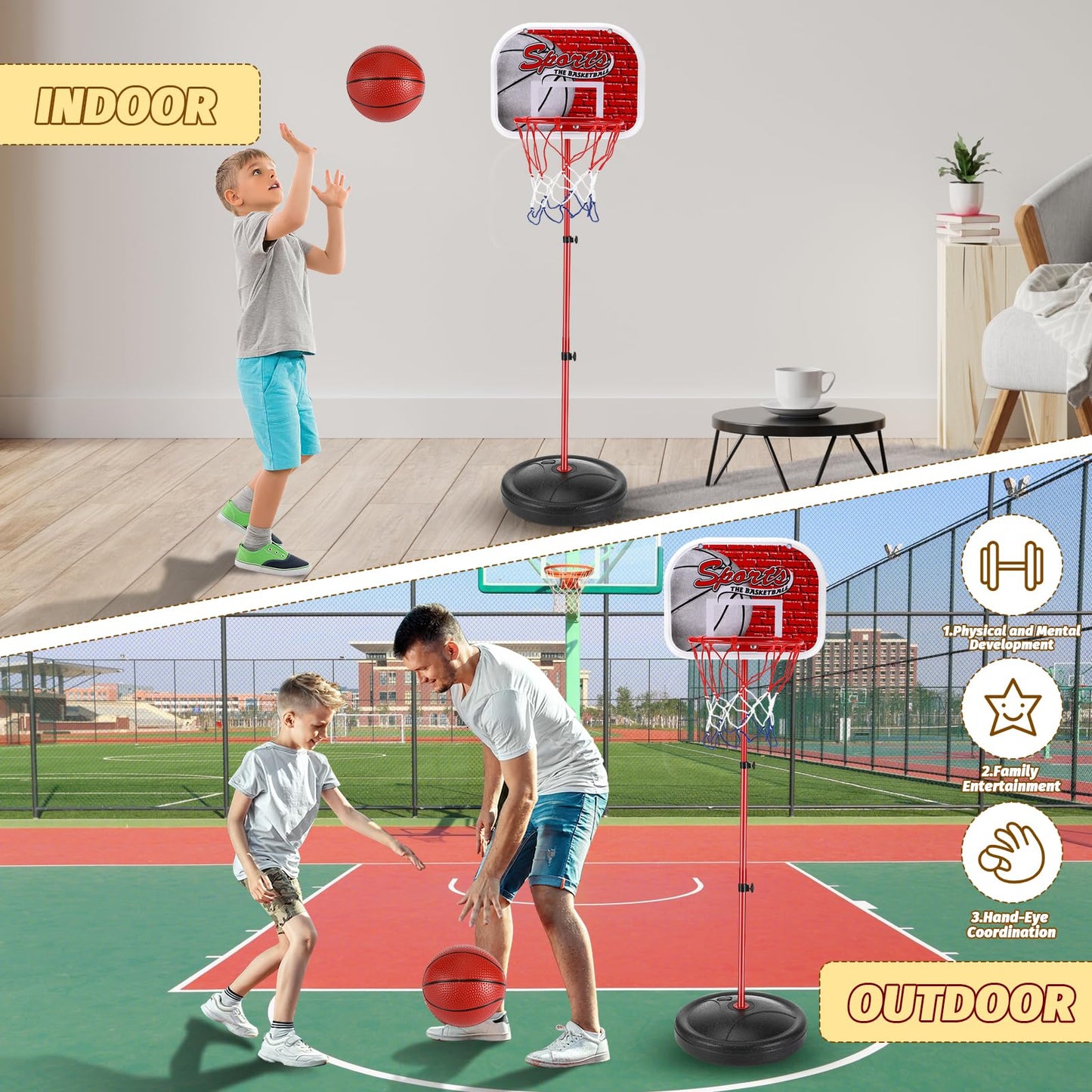 vvhippo Kids Basketball Hoop, Outdoor Basketball Hoop with 2 Basketballs and a pump, Adjustable Height Basketball Hoop, for children aged 3 to 8, for indoor and outdoor basketball hoops