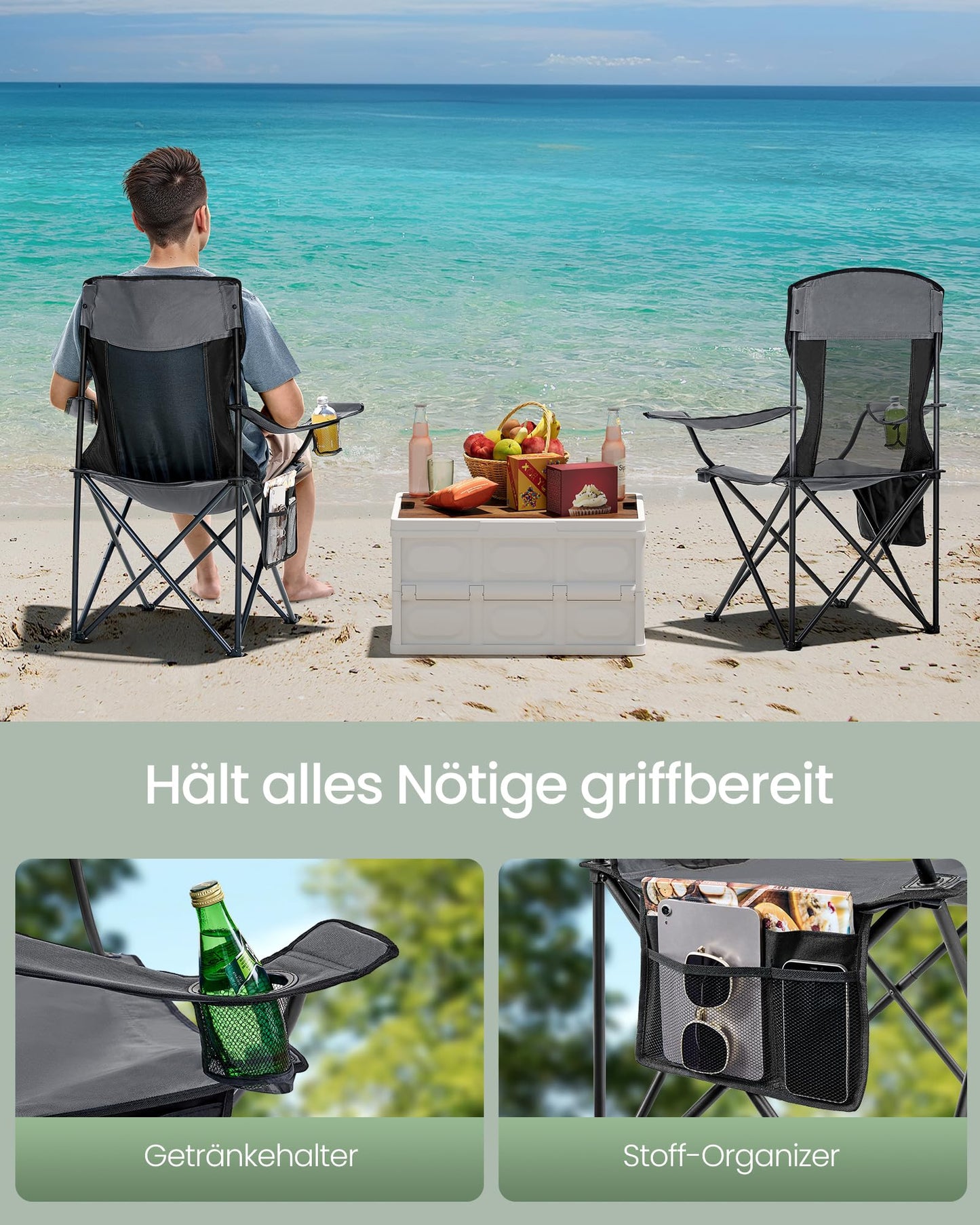 SONGMICS 2-pack camping chair, foldable outdoor chair, fishing chair, high backrest, adjustable armrests, drink holder, up to 150 kg load capacity, camping garden, slate grey GCB028G01