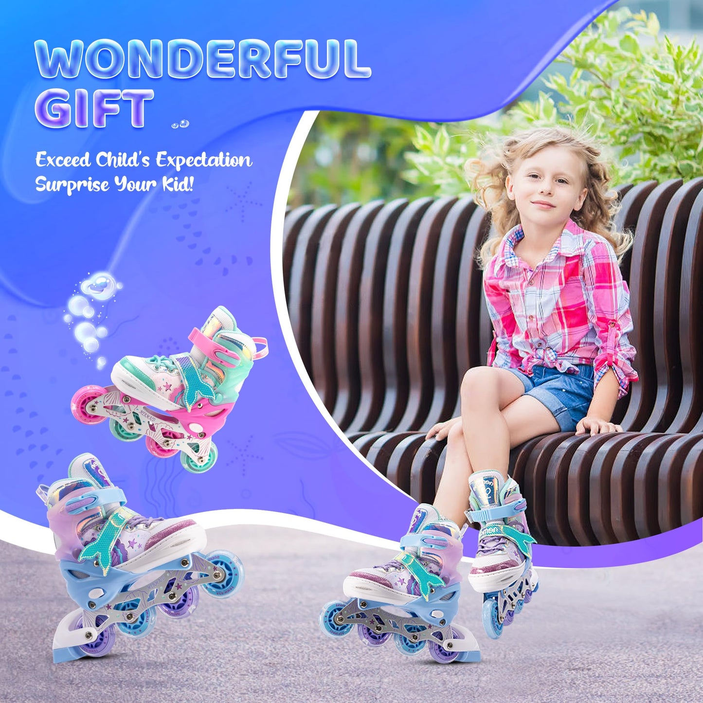 NEMONE inline skates for girls, adjustable in 4 sizes, blue purple inline skates for kids indoor outdoor girls children