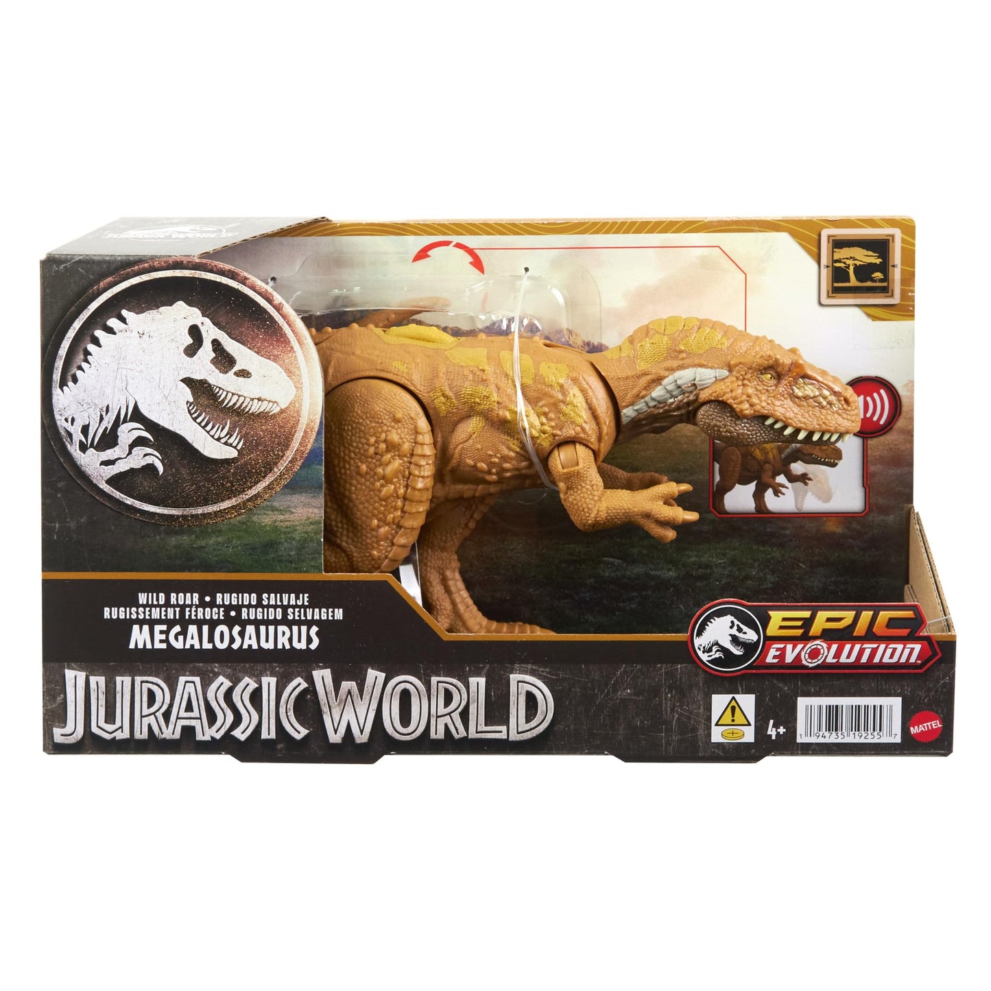 Mattel JURASSIC WORLD Wild Roar Megalosaurus - Toy with attack motion and roaring sound, compatible with Jurassic World Play App, for kids 4+. Item number HTK73.