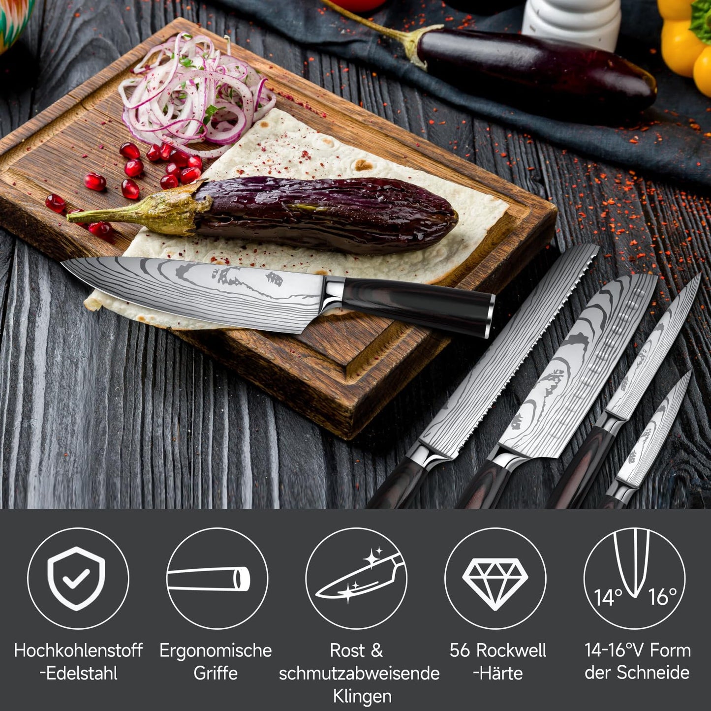 Gustrug Knife Set 5-piece kitchen knife set made of high-quality stainless steel, ergonomic handle, professional knife set with chef's knife, bread knife, Santoku knife, utility knife, vegetable knife - gift box