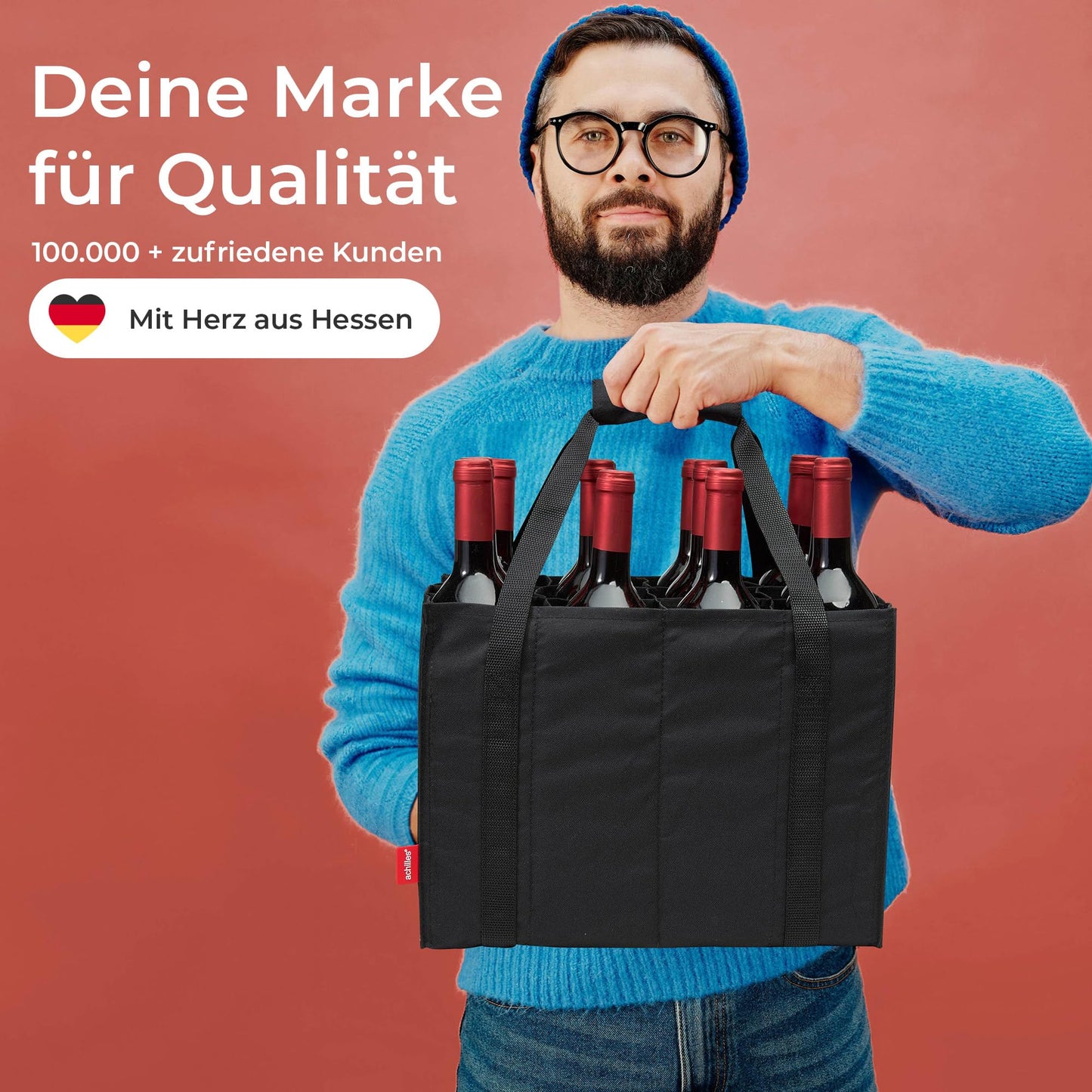 Achilles bottle holder with 12 compartments for 1.5 liters each. Tear-resistant bottle carrier with Velcro fastening. Foldable with dividers for water bottles, wine, and beer. Black.