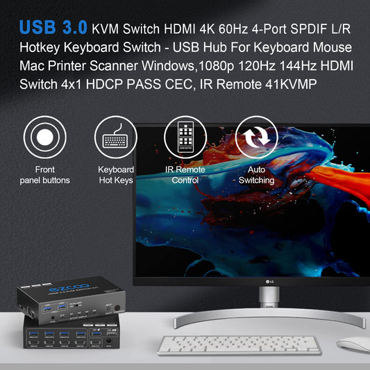 KVM Switch HDMI USB 3.0 4 Ports with Hotkey supports 4K 60Hz 18Gbps. Share 4 Computers with one Keyboard Mouse, HDR, D-olby Vision, HDCP2.2, and Remote Control.