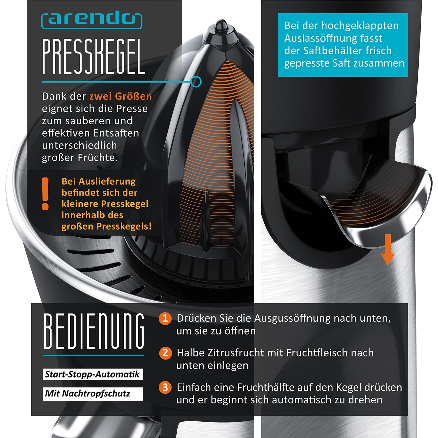 Arendo - electric orange juicer & citrus press stainless steel - juice container 200 ml - start-stop automatic - with 2 press cones - including clear hood - GS tested safety.