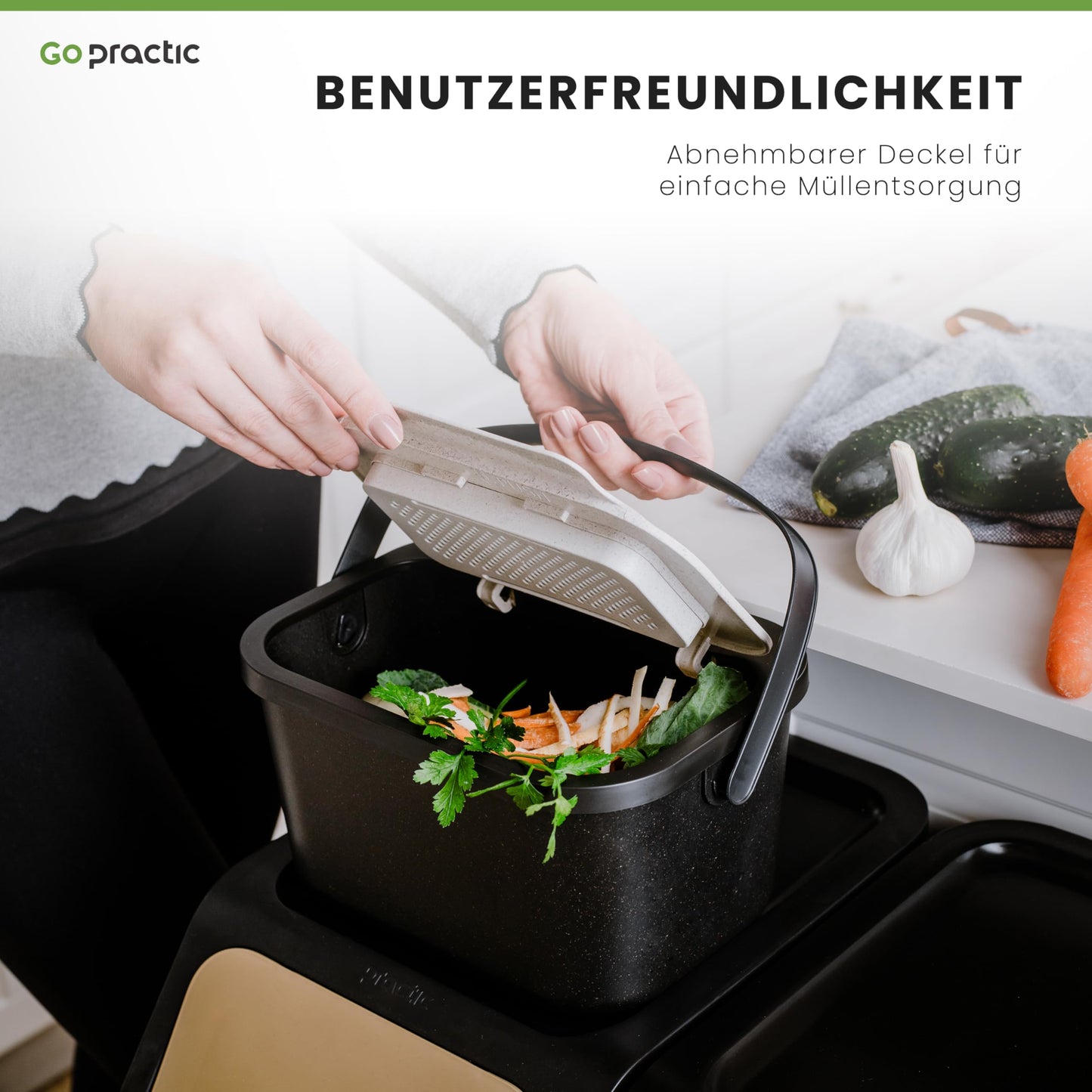Practice with Go Green 4.5L Kitchen Compost Bin, with lid, ideal for separating organic waste like fruits and vegetables, with click function for easy use in waste separation.
