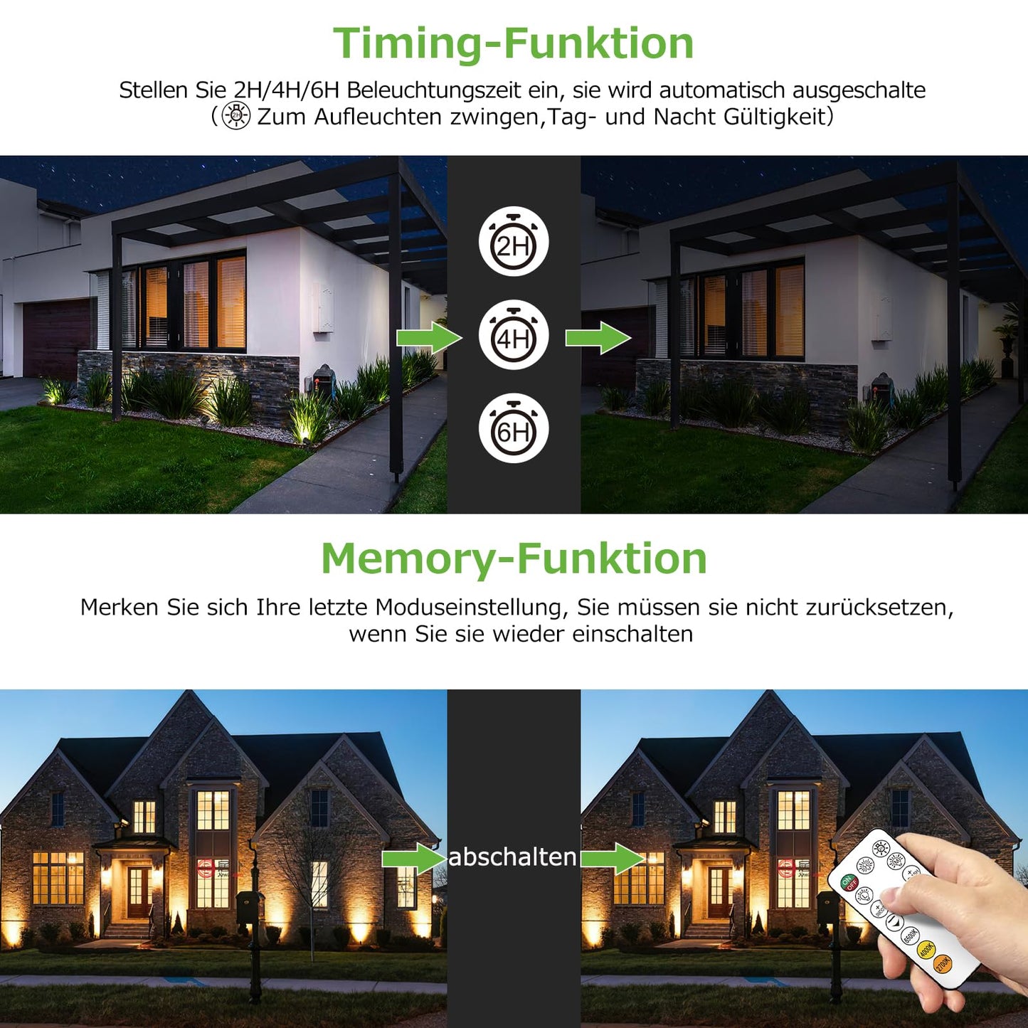 Left outdoor solar spotlights 6 pack with remote control, IP66 waterproof, dimmable with timing function and memory storage. Comes with ground spike for garden bushes and trees.