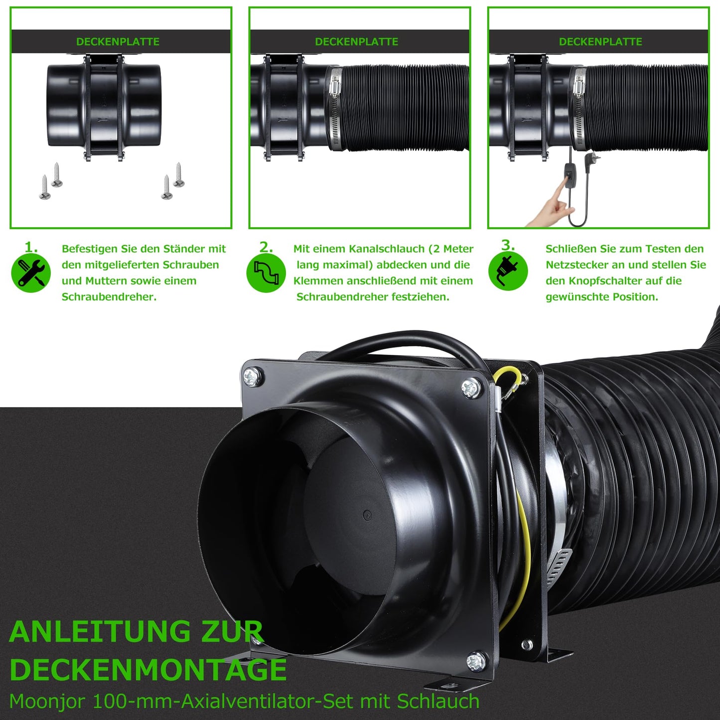 Ø100mm Axial Tube Fan, Exhaust Fan Duct Fan with On-Off Switch, 2m Duct Hose for Garage, Office, Grow Tent