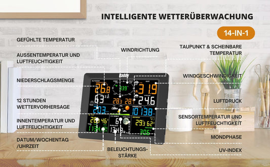 Raddy WF-100C Weather Station with Wireless Outdoor Sensor, 14-IN-1 WiFi Indoor-Outdoor Thermometer with 8 Inch Digital Color Display, Anemometer Rain Gauge Solar Sensor for Home, Office, House Garden