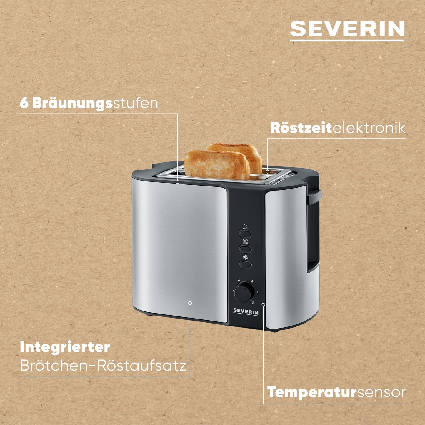 SEVERIN automatic toaster with bun warmer, high-quality stainless steel toaster for toasting, defrosting, and warming, 800 W, stainless steel brushed/black, AT 2589