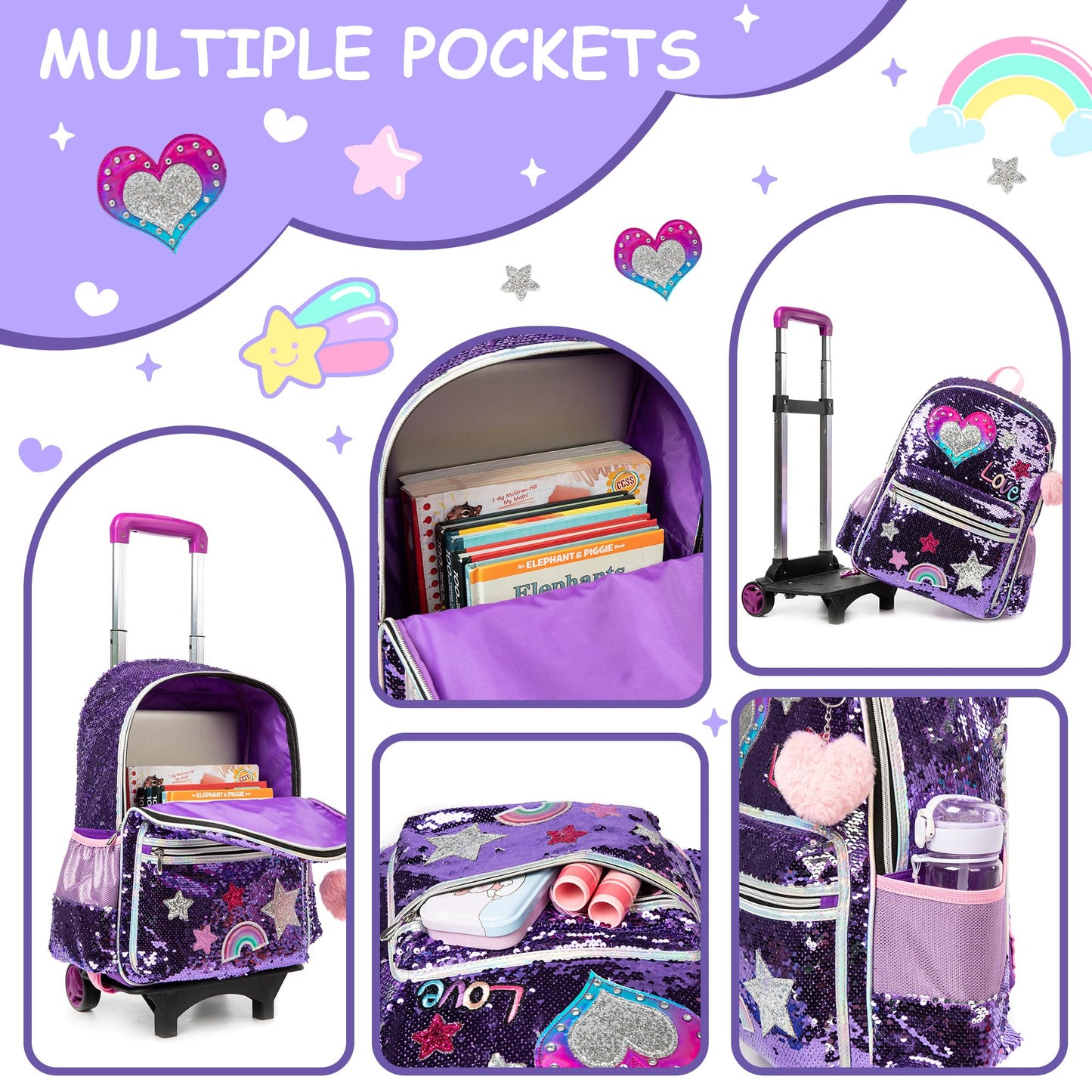 HTgroce Purple Love Trolley Backpack with Wheels, Pencil Case, Lunch Bag 3 in 1 Sequin Rolling School Bag for Girls, School Bag Sets Perfect for Children Students in Grades 2-6