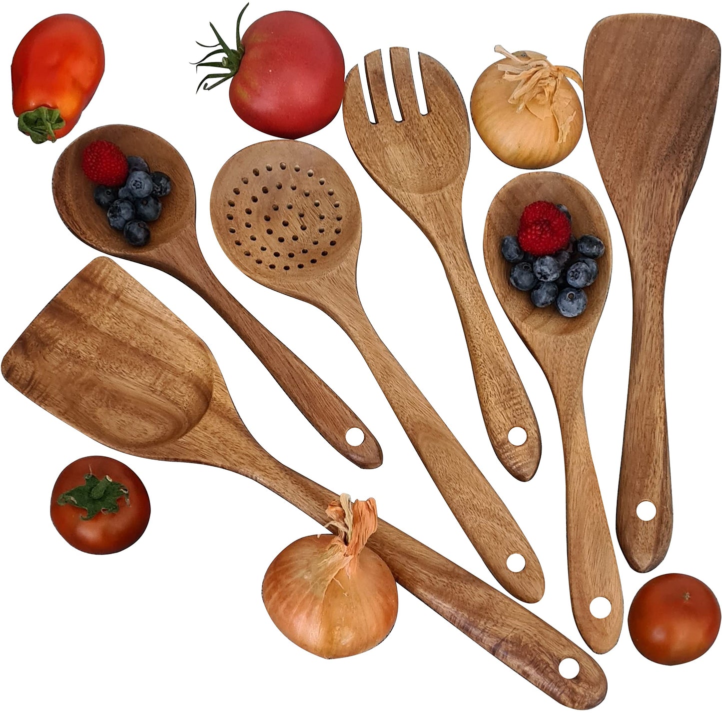 ALEXE® Kitchen Helper Set made of acacia wood, 6 pieces of wooden kitchen utensils set (acacia), Japanese style, scratch-resistant and heat-resistant, wooden cooking spoon set for non-stick pans