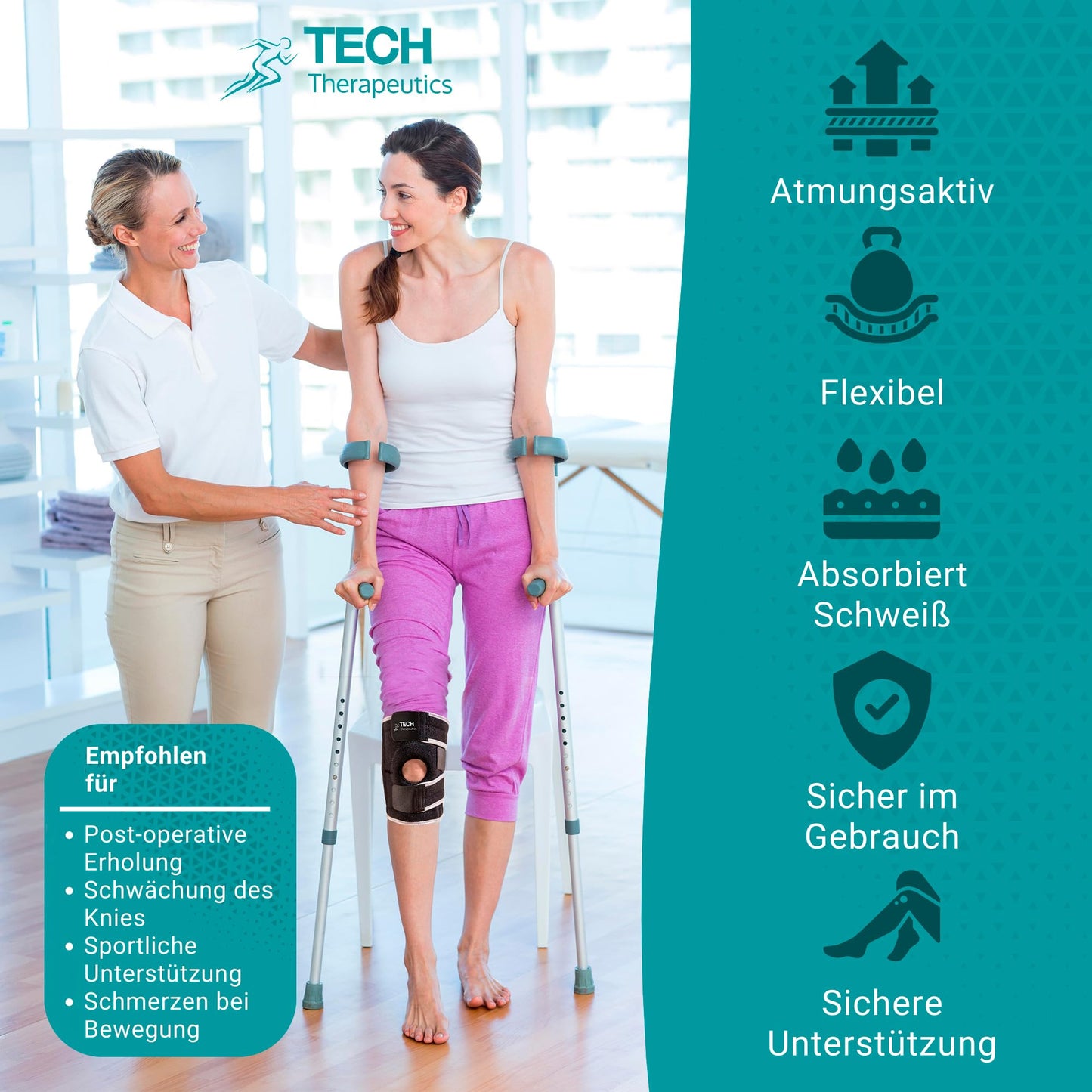 Tech Therapeutics adjustable knee brace for women and men - knee orthosis for meniscus and patella, knee brace for support with side stabilizers, knee support for joint pain relief and arthritis