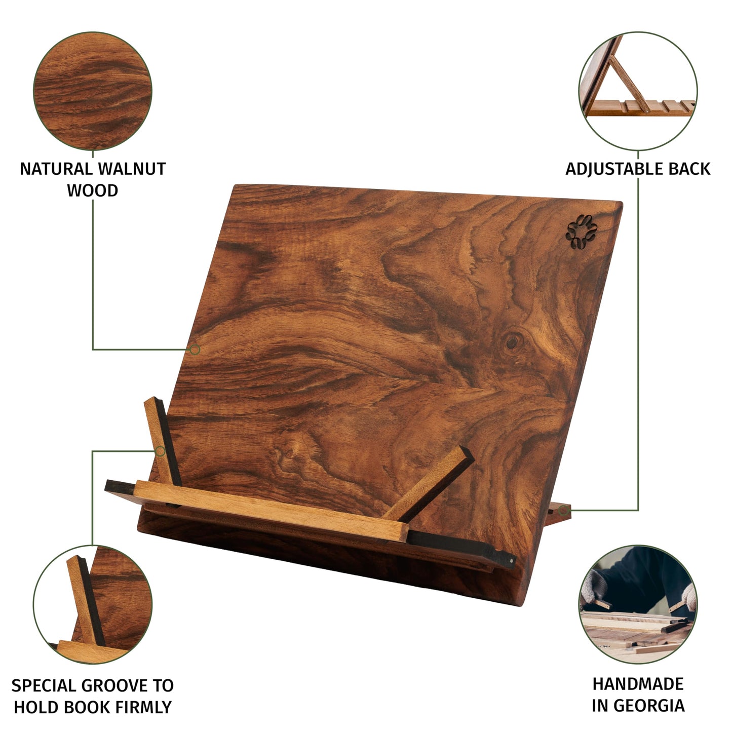 TILISMA - Handcrafted wooden cookbook stand - Walnut wood book holder for hands-free reading - Recipe and cookbook stand for the counter - Unique shelf holder - Kitchen book accessory