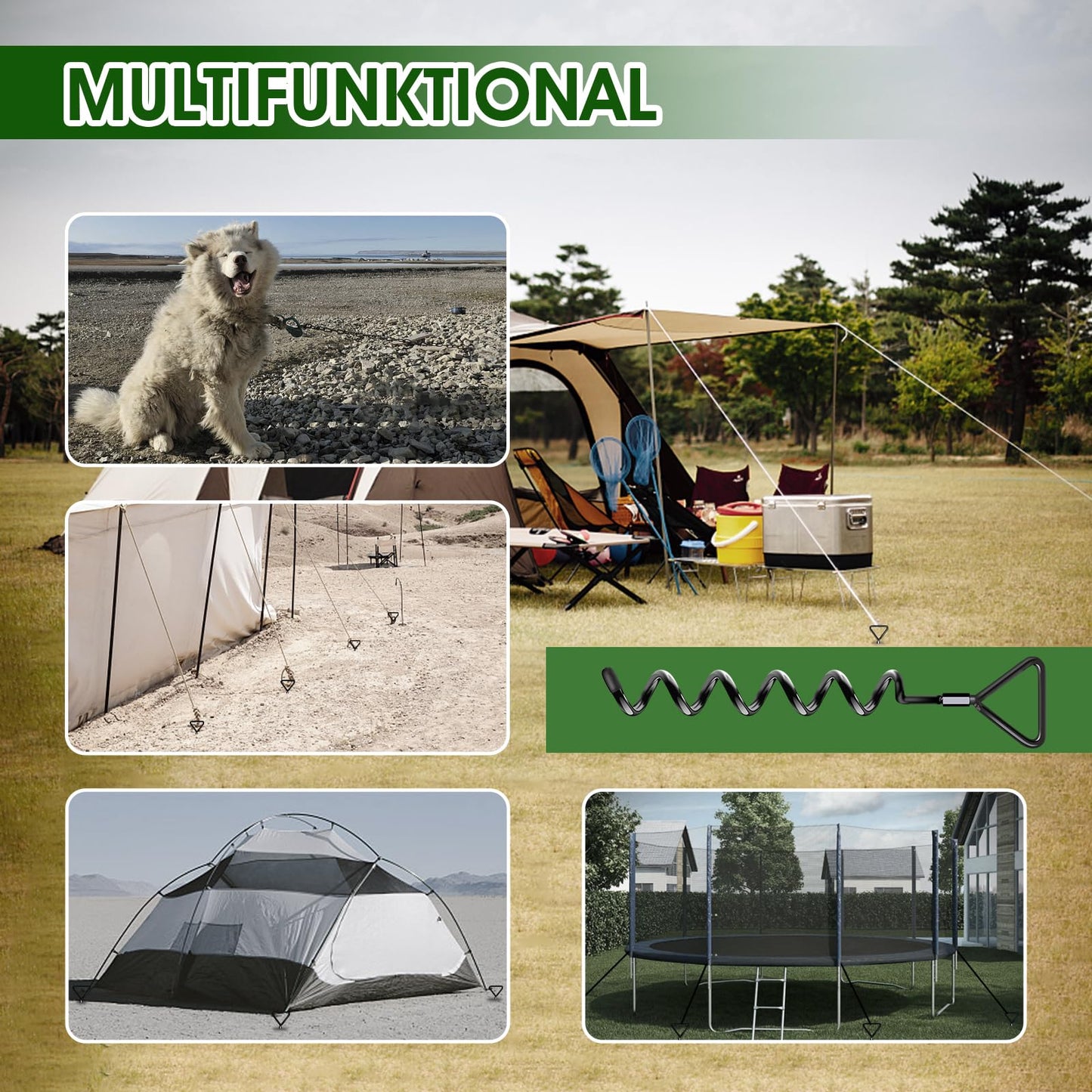Ground Anchor Trampoline 4 Pack | Heavy Duty Ground Anchors | Screw-in Anchors for Trampolines | Twist-in Ground Anchors for High Winds with Straps