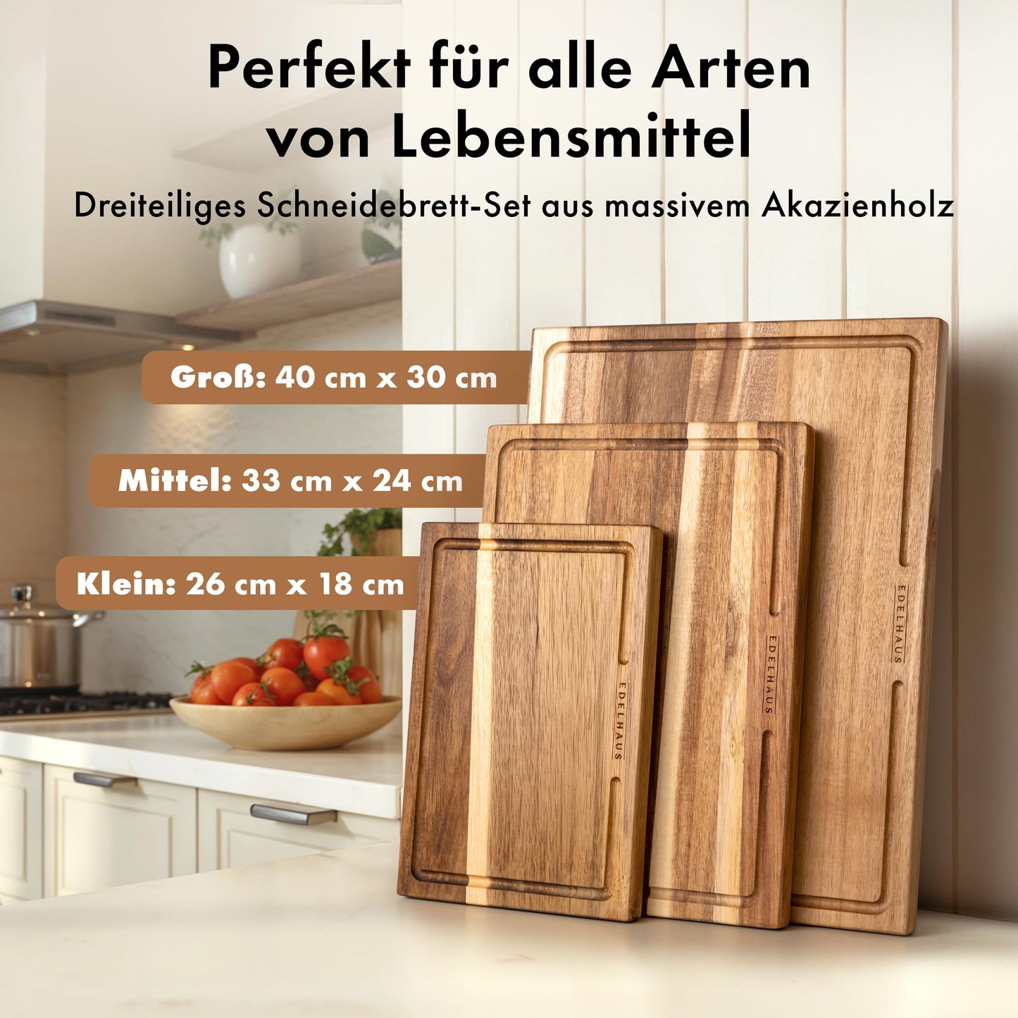 EDLEHOUSE Cutting Board Wood 3pc Set (40x30cm / 33x24cm / 26x18cm) Solid Acacia Wood Cutting Board - 2cm thick kitchen cutting boards with juice groove - Design Cutting Board Set