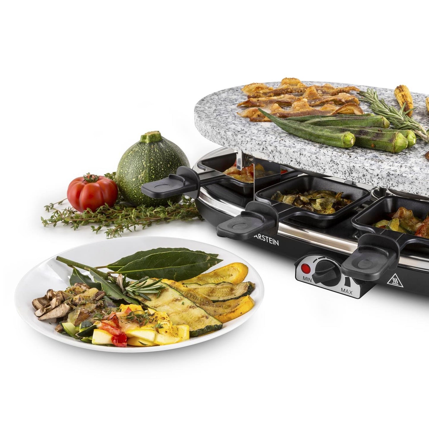 Klarstein Steaklette All-U-Can-Grill Raclette - 1500 watts, 8 people including pans, continuously adjustable temperature, 4-in-1, without coaster and wooden spatula.