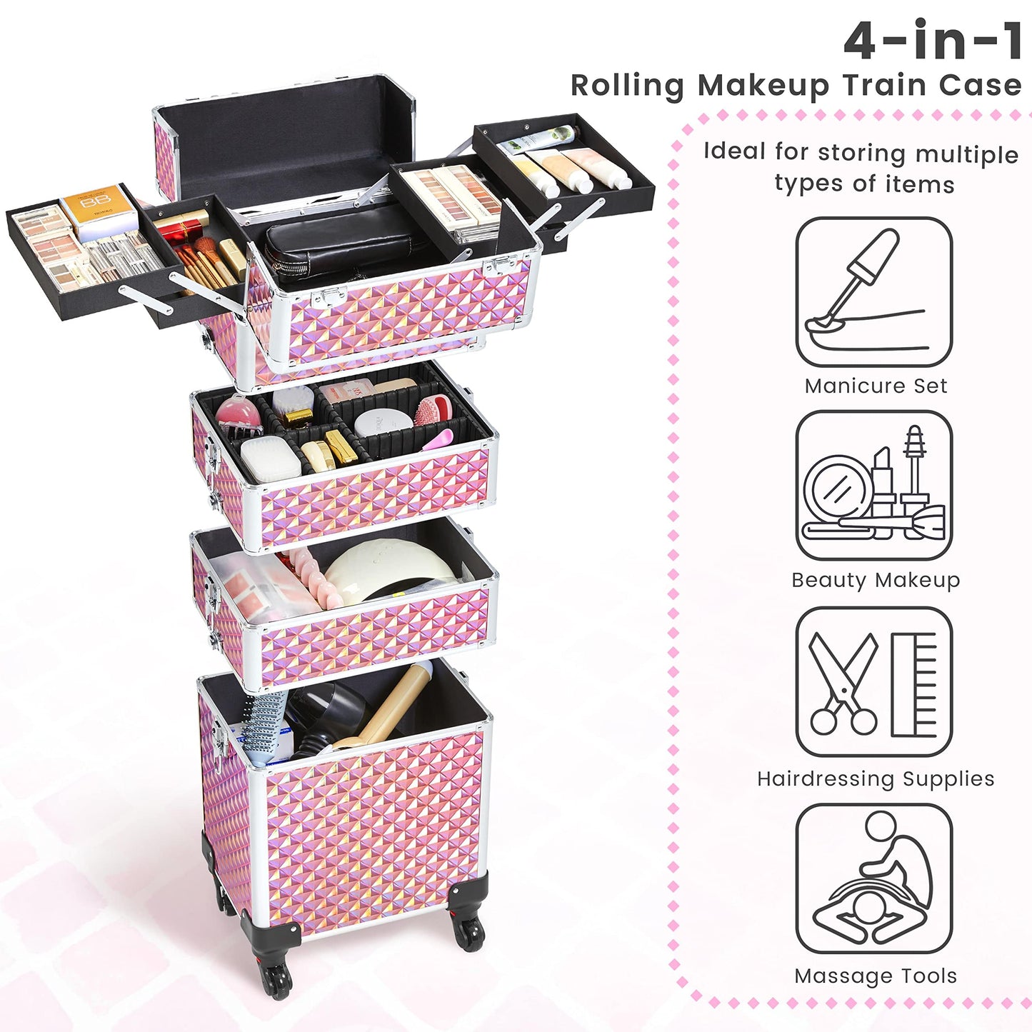 Yaheetech 4-in-1 Cosmetic Case, Trolley Makeup Case, Large Beauty Case, Lockable Multifunctional Hairdressing Case with Wheels and Drawer, Glittery Pink