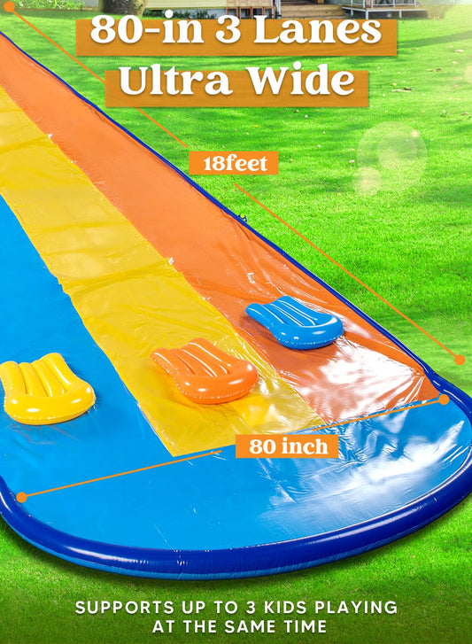 Sloosh 18ft/548cm Triple Lane Slide with 3 Bodyboards, Lawn Water Slide with Sprinkler for Kids and Adults, Outdoor Water Toy for Summer Fun.
