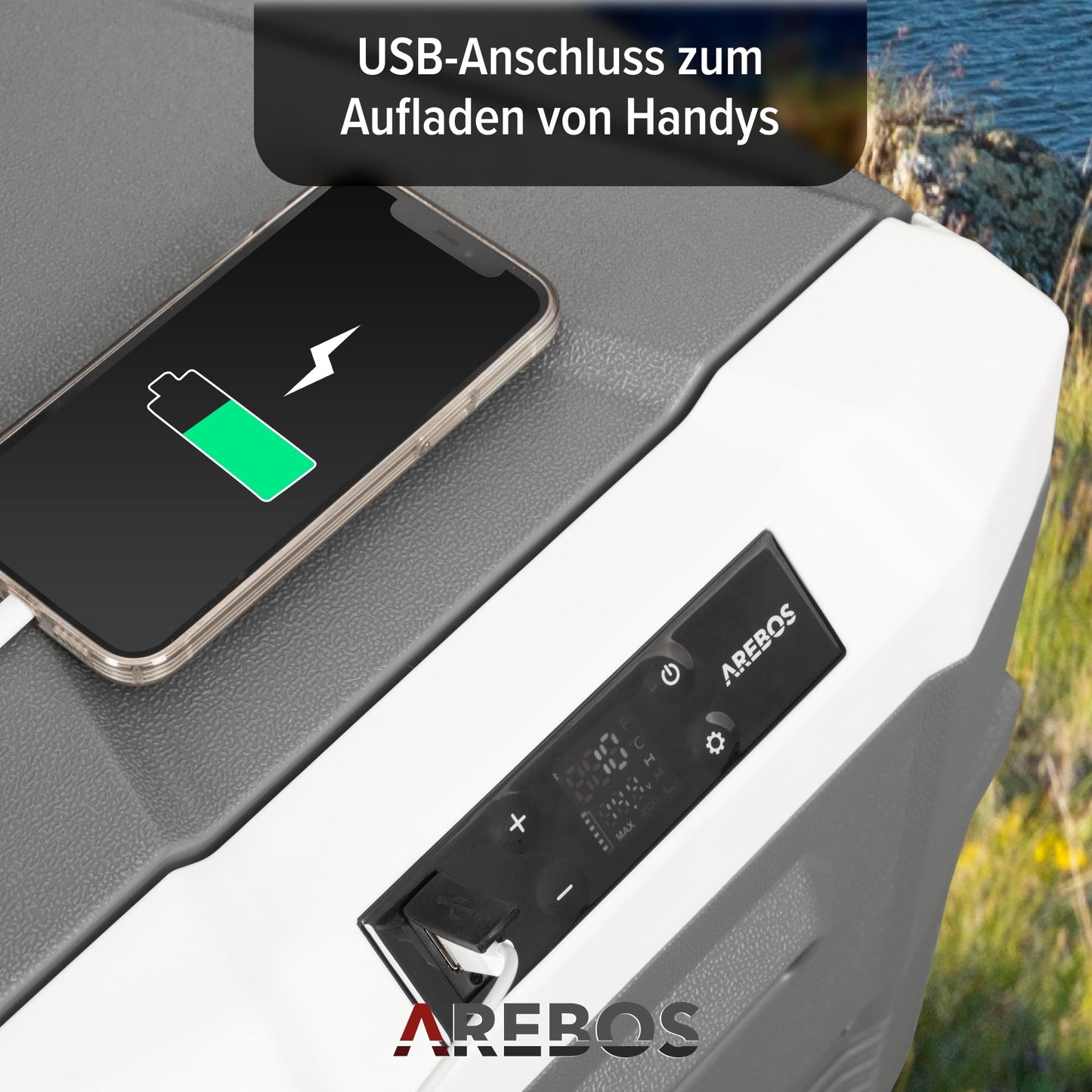 Arebos Compressor Cooler Box 26 Liter | Electric Freezer Box with APP & Smart Control | Portable Cooler with USB Port | up to -20°C | 12/24 V 230V | for Car, Truck, Camping, Boat, RV
