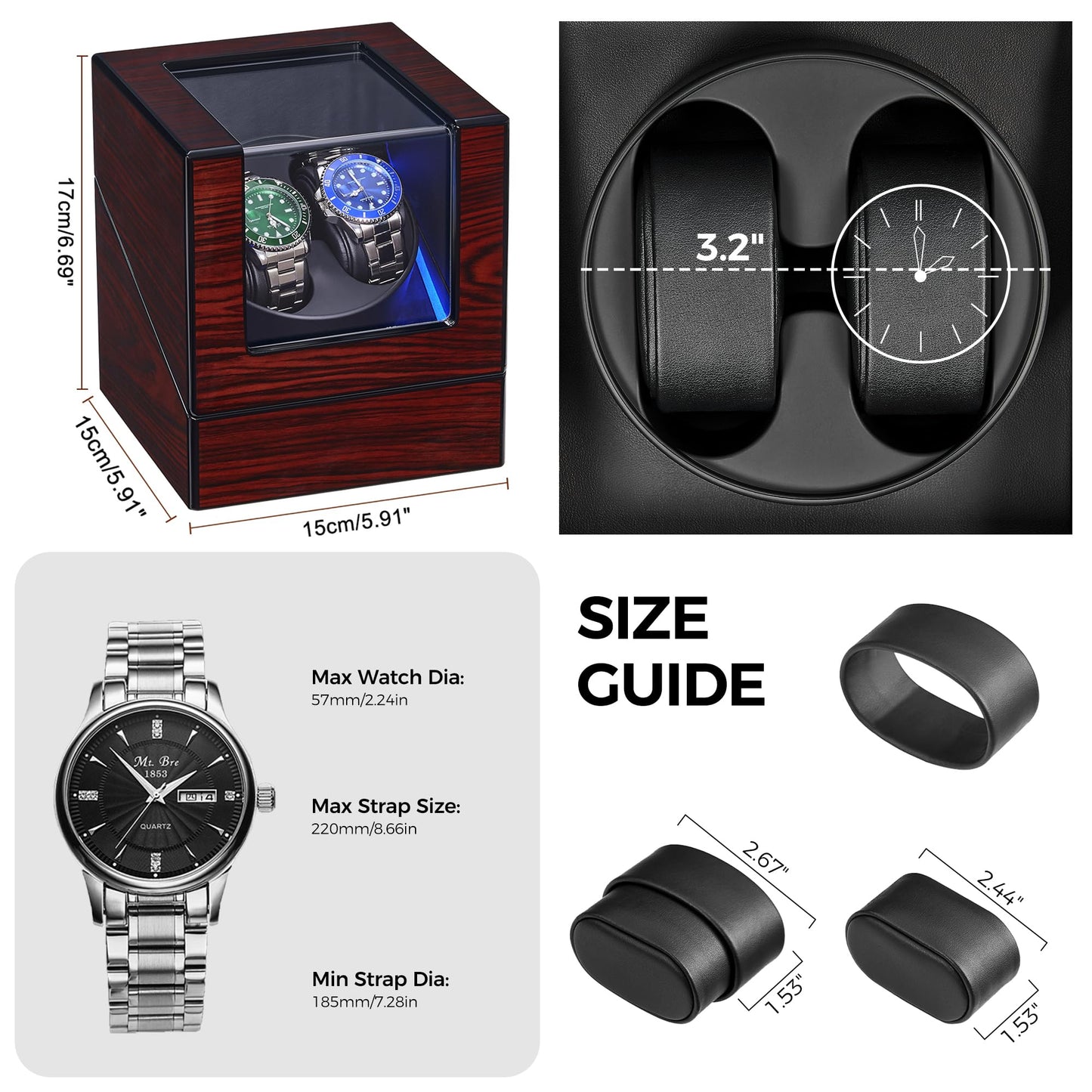 ANWBROAD Automatic Watch Winder Box 2 watches 4 rotation modes LED lighting & quiet Mabuchi motor luxurious Watch Winder for automatic watches Mechanical watch rotor Watch spinner JWW001Y
