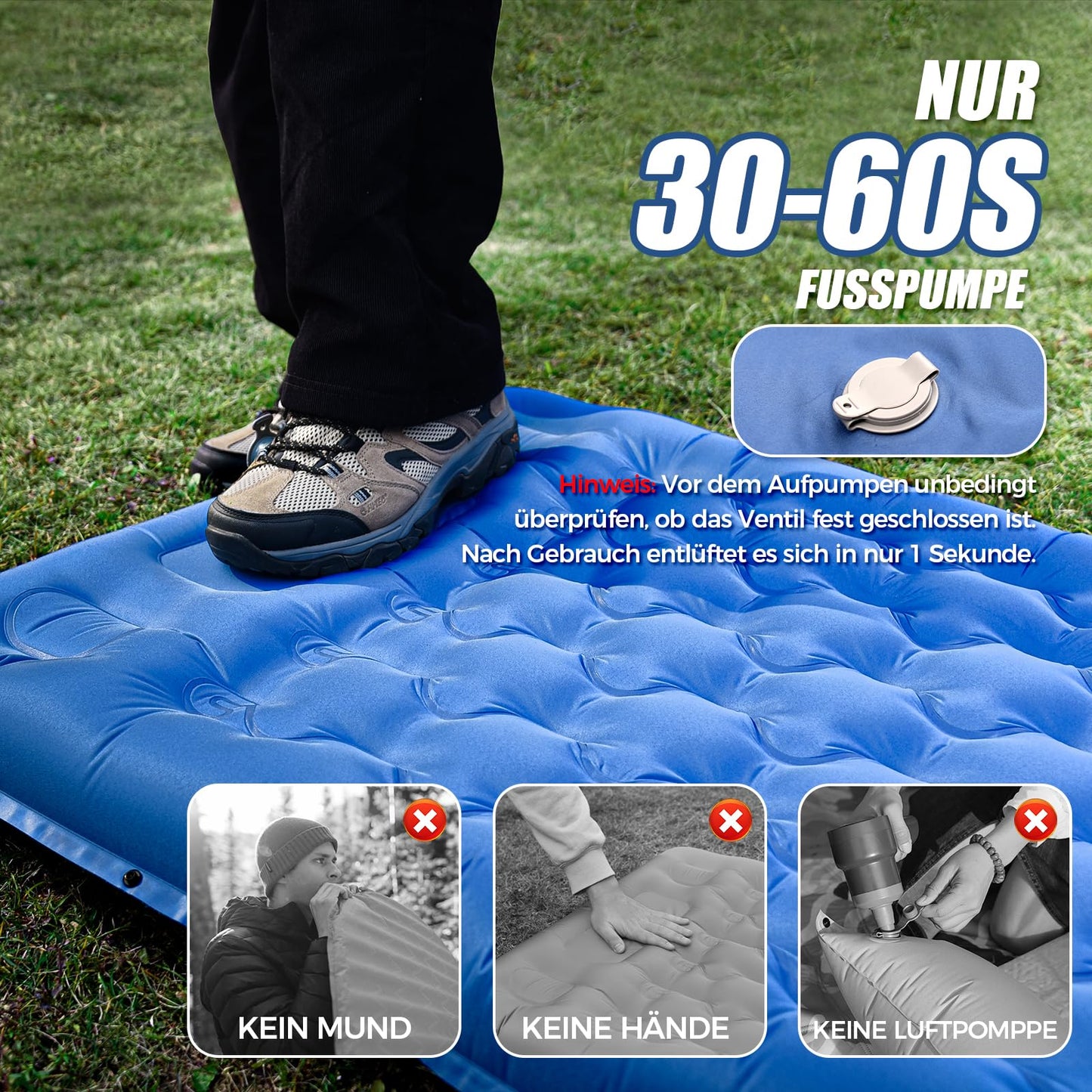 Self-inflating camping mat, 14 cm self-inflating mat with built-in foot pump & pillow, waterproof self-inflating air mattress for hiking, beach, travel, tent (blue)