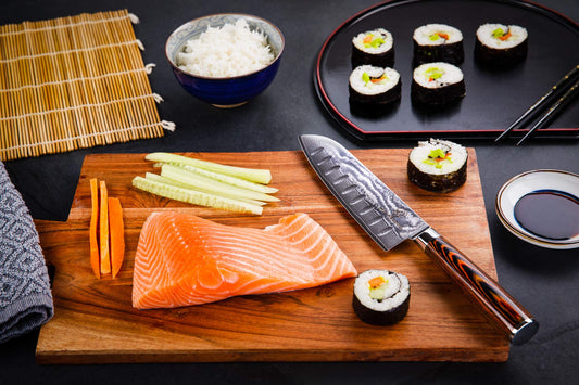 Wolfblood Damascus Santoku Knife XL (30cm) Professional chef's knife made of authentic 67 layer Damascus steel. Damascus kitchen knife with wooden handle. Comes in a gift box with blade guard.