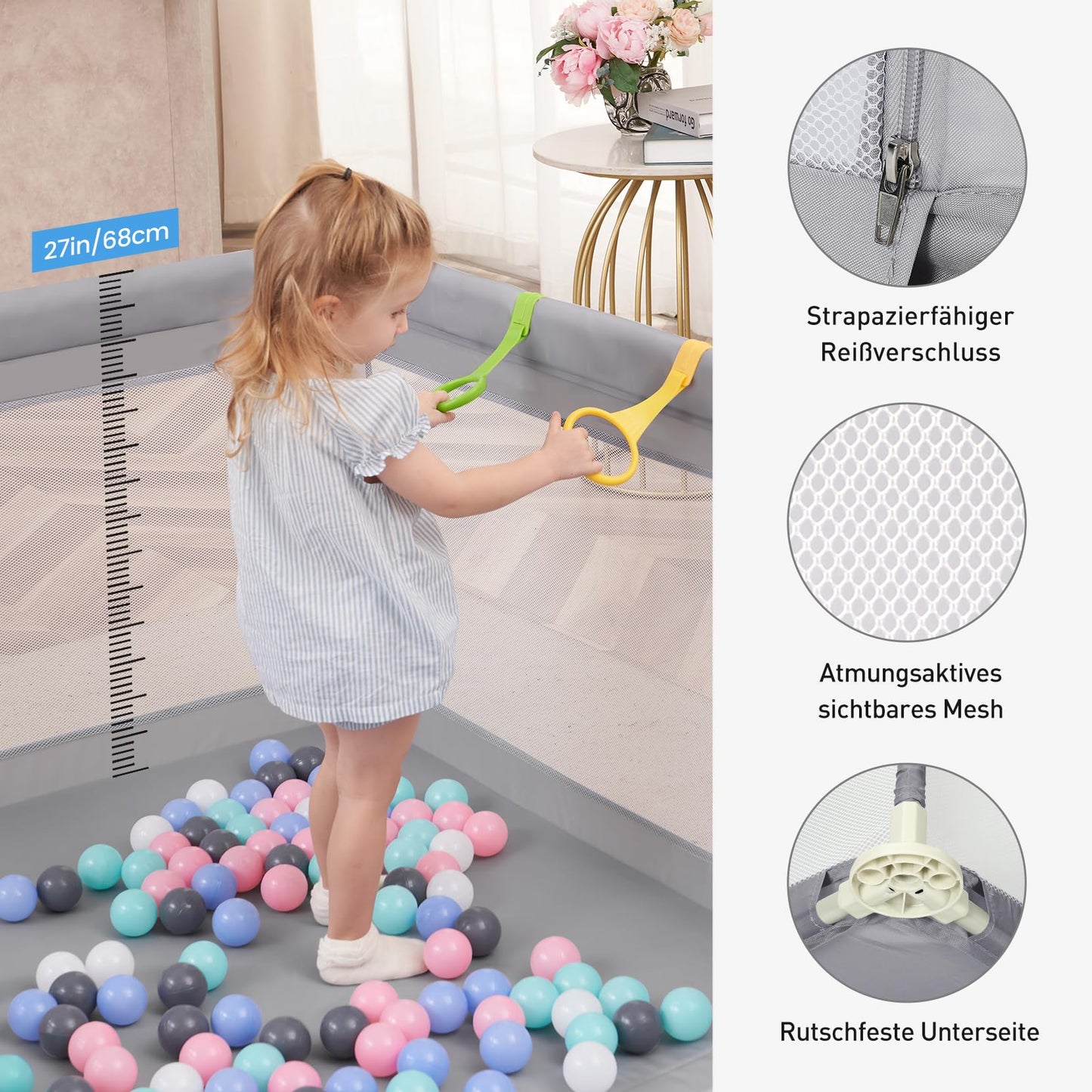 Dripex Playpen Baby 150x200cm, Playard Baby, Playpen with breathable mesh, Playard 300D Oxford Fabric, Playpen, baby playpen, Large Safety Playground, Gray