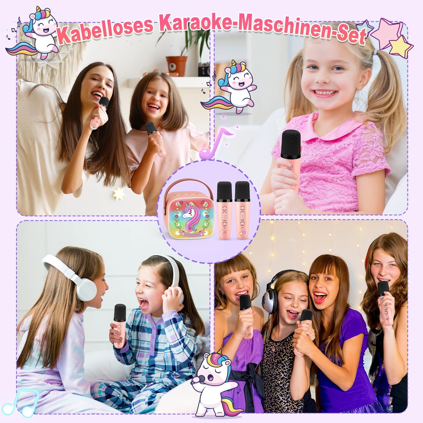 Disco light Karaoke Machine with 2 Bluetooth microphones for kids, unicorn gift for girls 3-12 years old. Portable karaoke microphone toy for kids aged 3-12, girls gift microphone for kids.