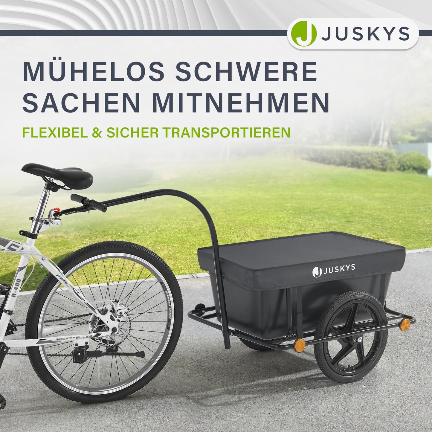 Juskys Bike Trailer 90 liters - Cargo trailer with hitch, drawbar - Trailer for bicycle 40/80 kg payload - Transport trailer with protective cover.