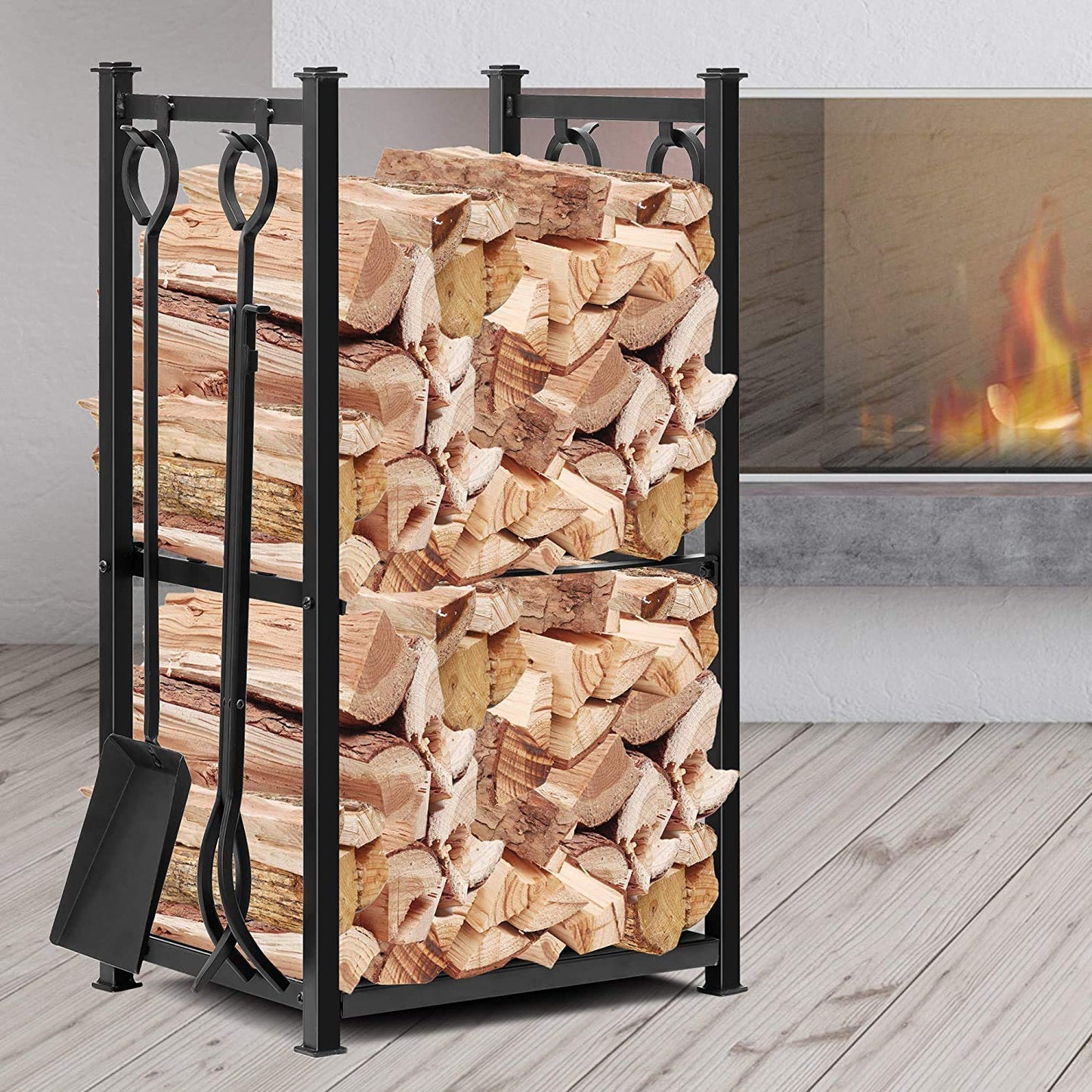 Amagabeli Fireplace Log Rack with 4 Fireplace Tools 72x46x30cm Indoor Firewood Stand Fireplace Log Rack Fireplace Tool Set Outdoor Wood Rack 2 Shelves Wrought Iron Firewood Rack Fireplace Tools Black