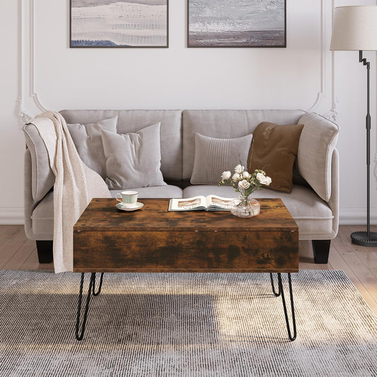 WOLTU coffee table adjustable in height, side table with double lifting plates, lift-top table, living room table, hidden storage space, rustic brown, wood-metal composite, BTS14vbn