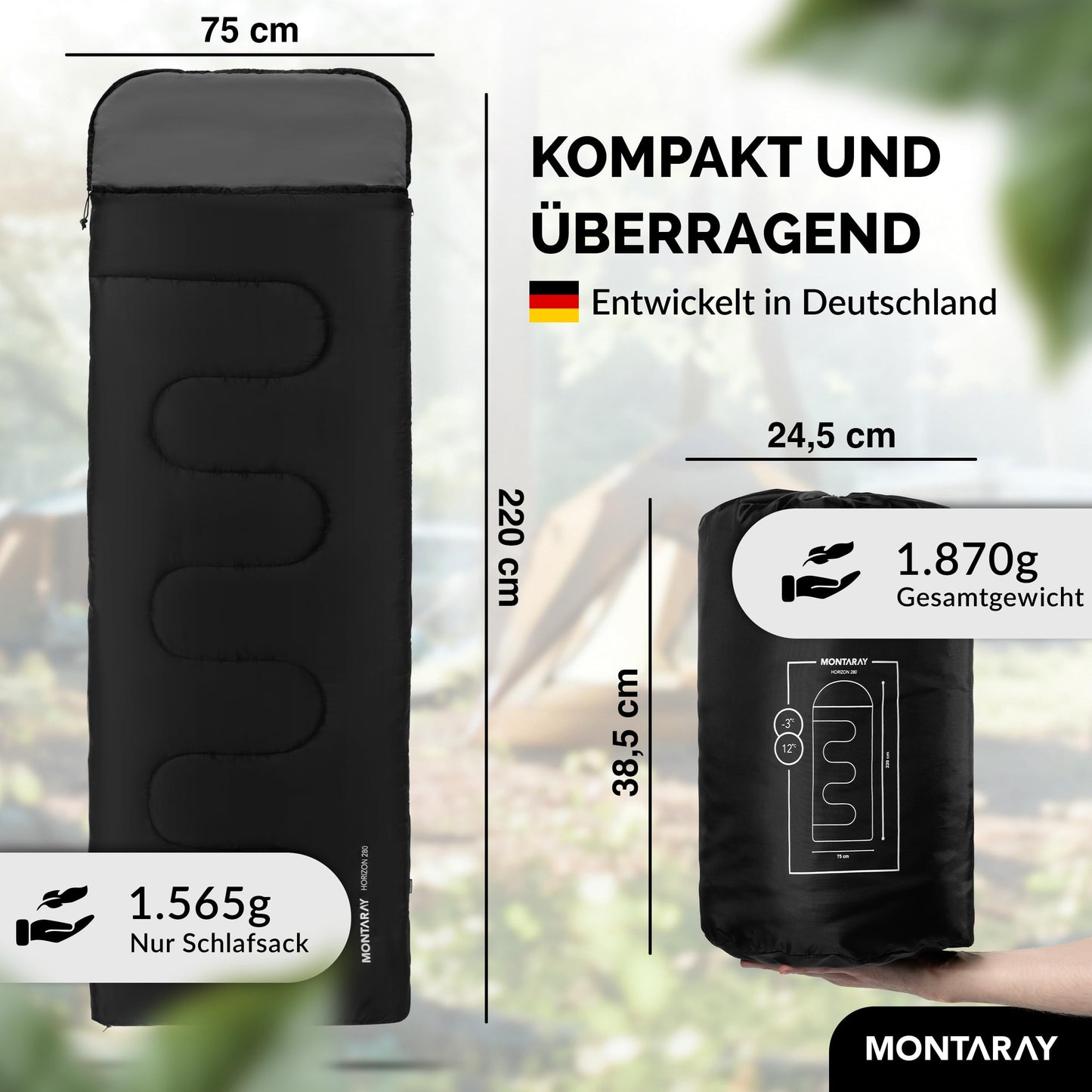 MONTARAY hooded sleeping bag rated down to -5°C with pillow included. Suitable for 3-4 seasons, this 280GSM sleeping bag is ideal for both winter and summer outdoor use. Designed for both men and women, it is warm and ultra-lightweight.