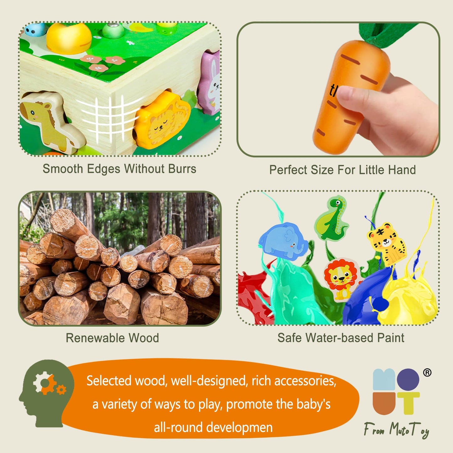 MutoToy® Montessori Toy for 1 year olds, 6 in 1 Multifunctional Wooden Toy for 1 2 3 year old kids, Farm Motor Skills Toy made of wood, Animal Sorting and Stacking Learning Toy Gift for Girls Boys.