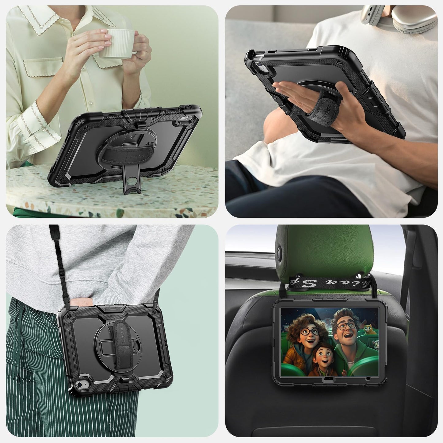 SEYMAC Case for iPad (A16) 11th/10th Generation 11/10.9 inch 2025/2022, Shockproof iPad 11th Generation Case with Screen Protector, 360° Rotatable Stand/Hand Strap, Shoulder Strap, Pencil Holder, Black
