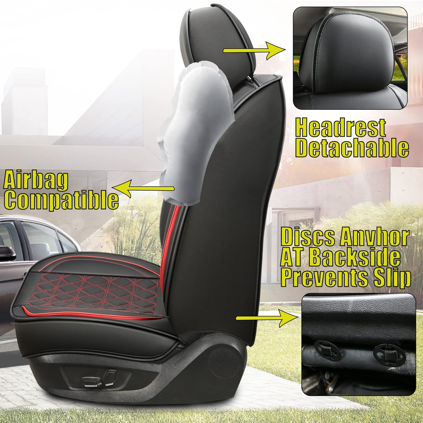 JDWBT Luxury Car Seat Covers Faux Leather Universal, Car Seat Covers Compatible Airbag, Car Seat Covers For Most Sedans, SUVs (Black Red, Full Set)