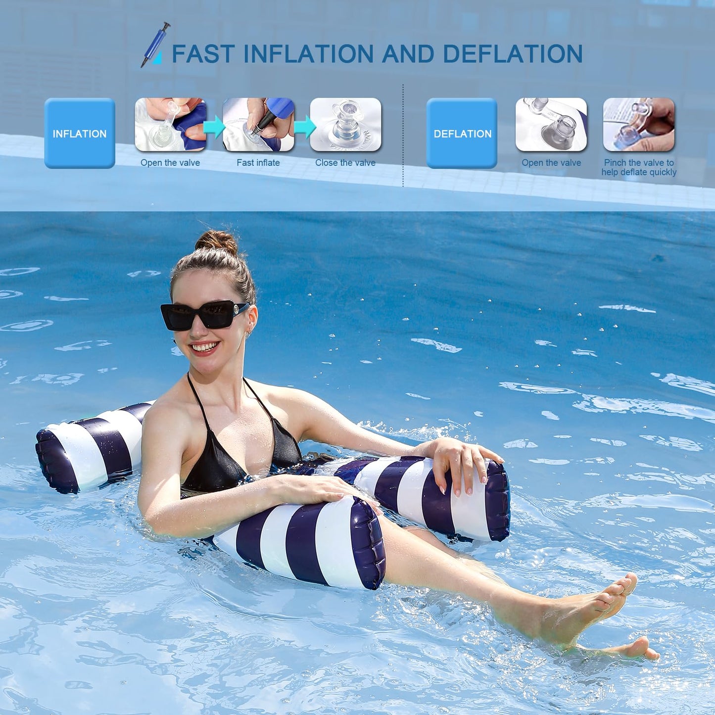 Inflatable pool water hammock for adults. Relax and have fun on this pool accessory with a net. Great for the pool, sea, beach, or lake. Fits 3 persons. Enjoy the water!