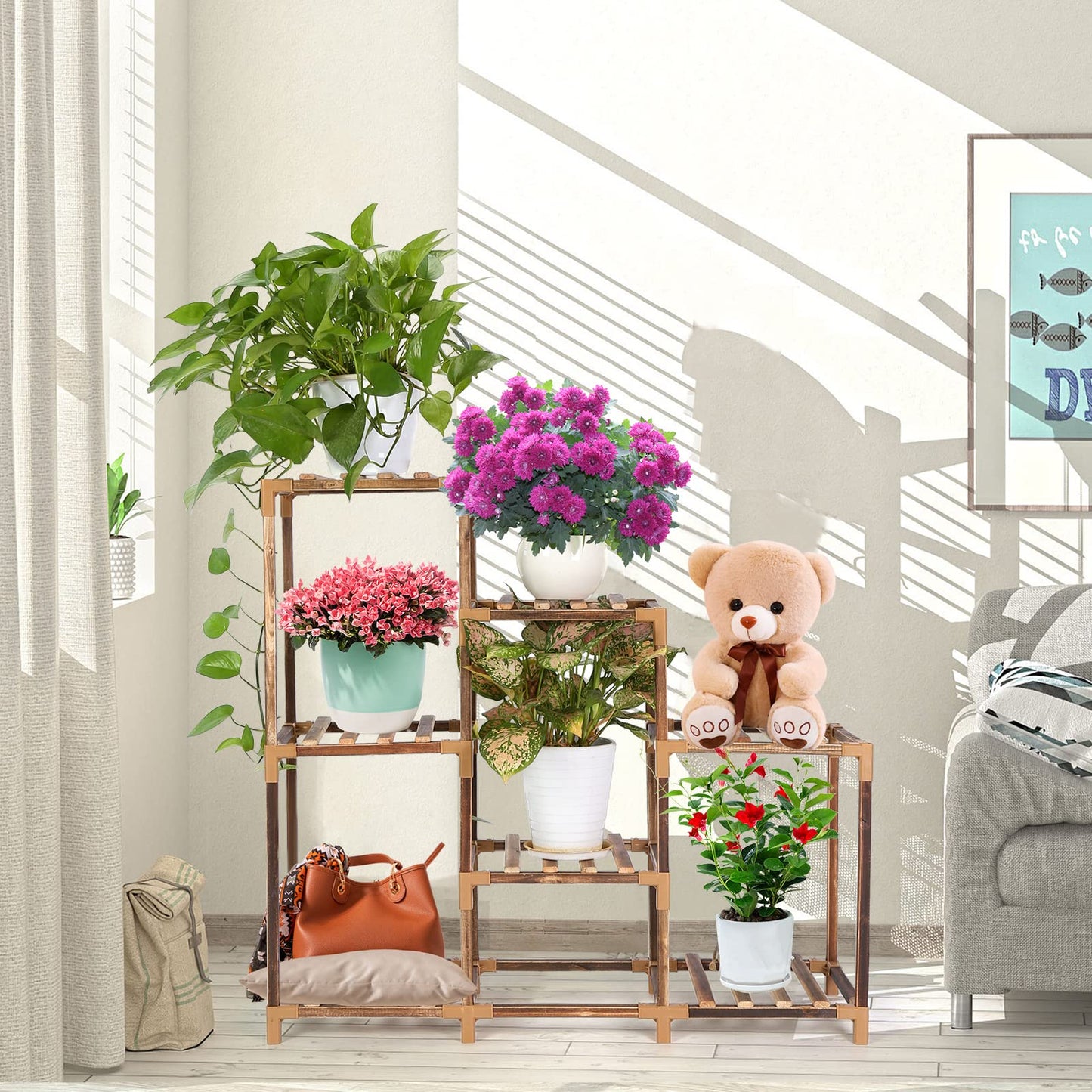 VIEWALL wooden plant shelf flower stand multifunctional creative wooden flower ladder decoration plant stand for indoor outdoor balcony living room office garden 7 tiers