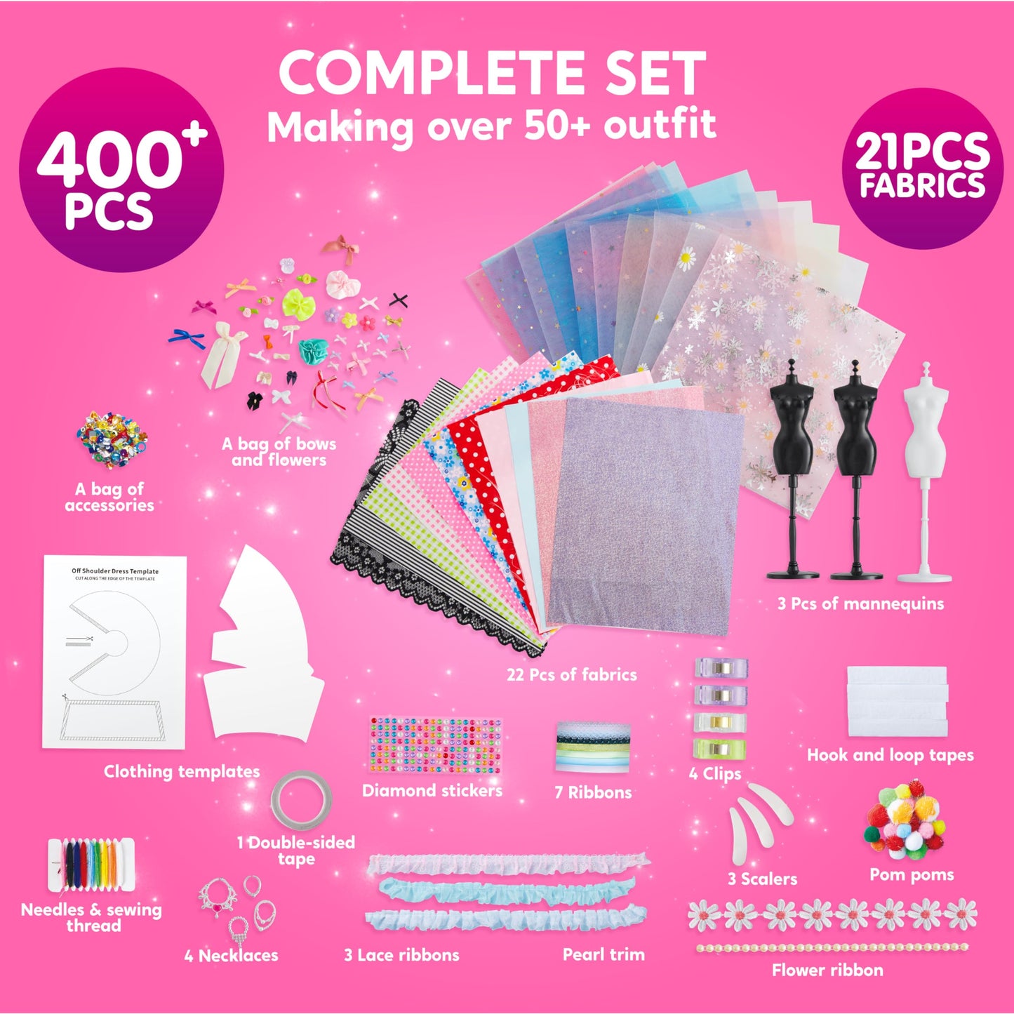Clever Kits 400+ pieces Fashion Design for Girls, DIY Fashion Design Sewing Kit Set with 3 Mannequins, Gifts for Girls 8 9 10 11 12+ years, Creative Craft Kit for Kids 8+ years.