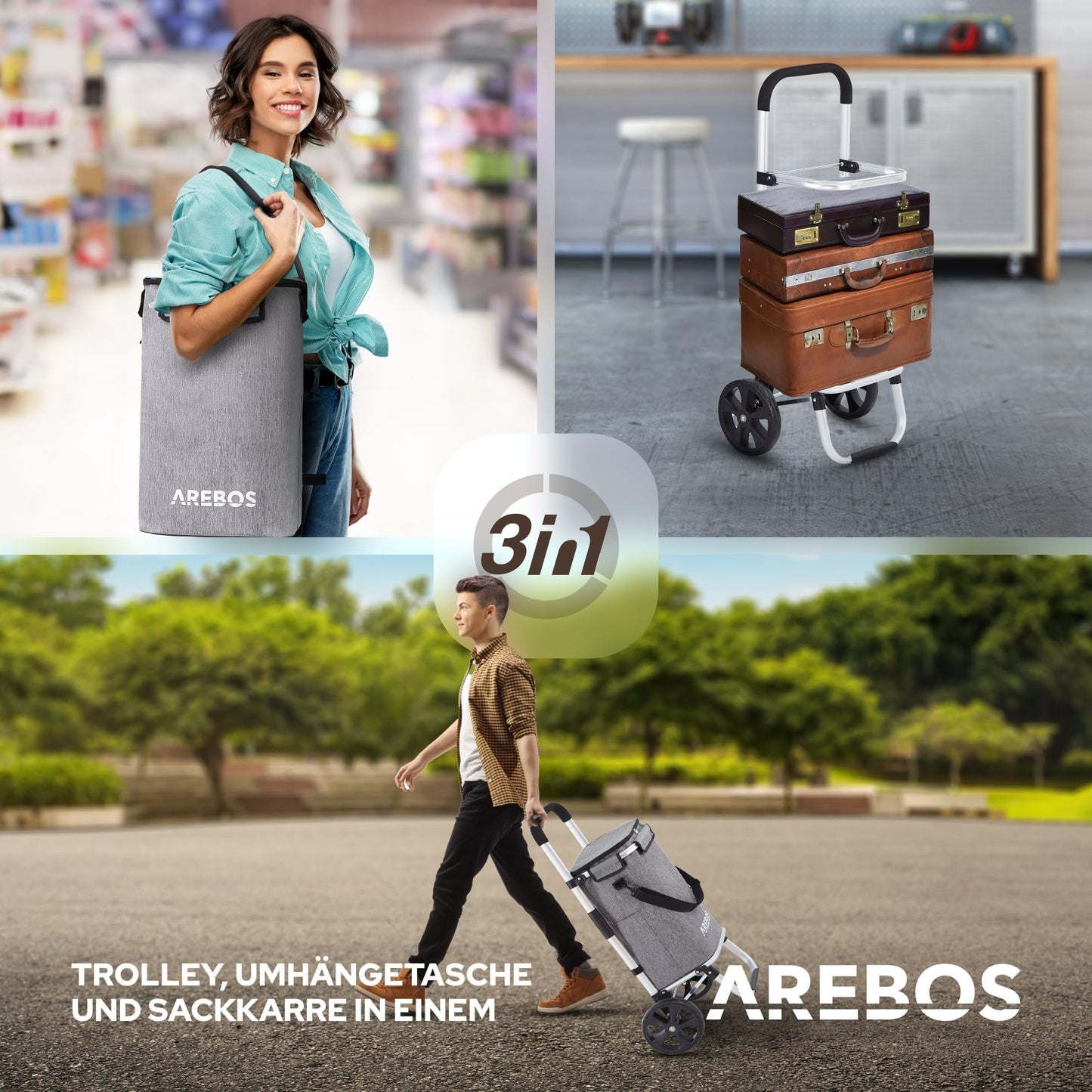 Arebos 3in1 shopping trolley | Large 56 liter cart | Shopping bag with cooler compartment | Bag with wheels | Folding shopper | Foldable bag removable | Shopping roller, hand cart | Gray