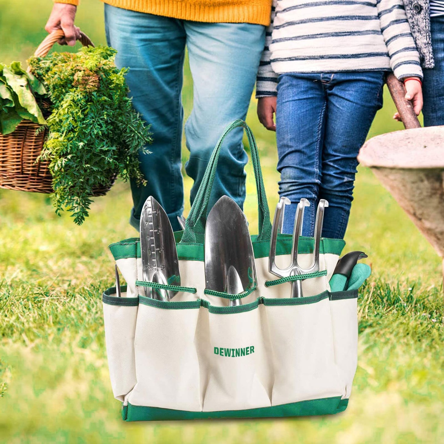 DEWINNER Garden Tool Set, Hand Tool Gift Set, Outdoor Hoe, Garden, Transplanting, Fork for Gardeners, Trowel, Transplanter, Cultivator, Weeding, with sturdy storage bag for organization.