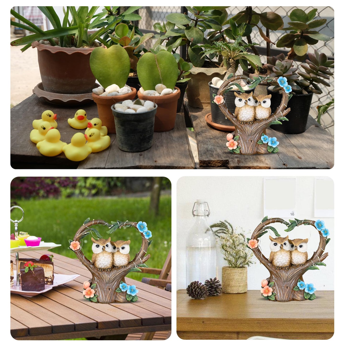 Songyea outdoor garden decorations, weatherproof solar garden owl figures with LED lights, garden statues for balcony/terrace/lawn/room decor, mom/women.