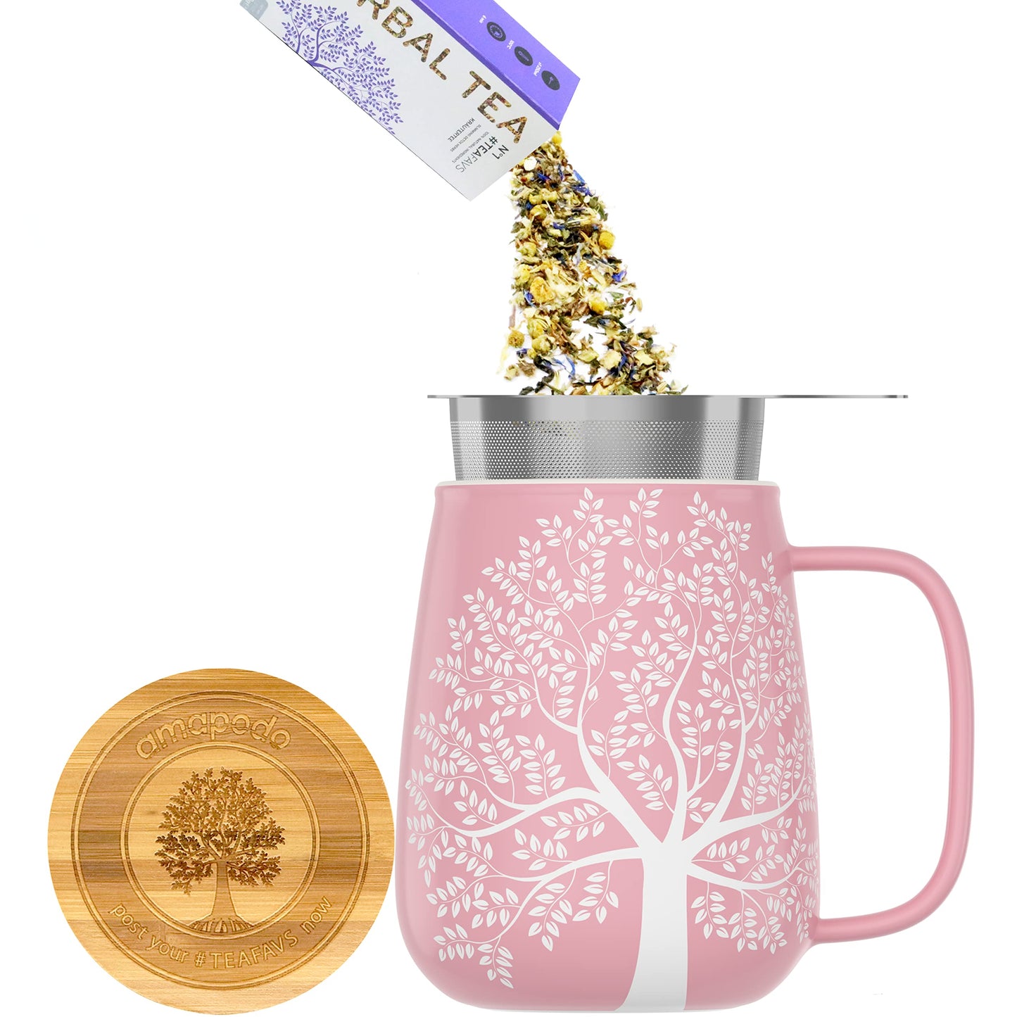 amapodo tea cup with lid and infuser - 600ml porcelain tea mug large - jumbo cup - XXL tea cup set pink - plastic-free