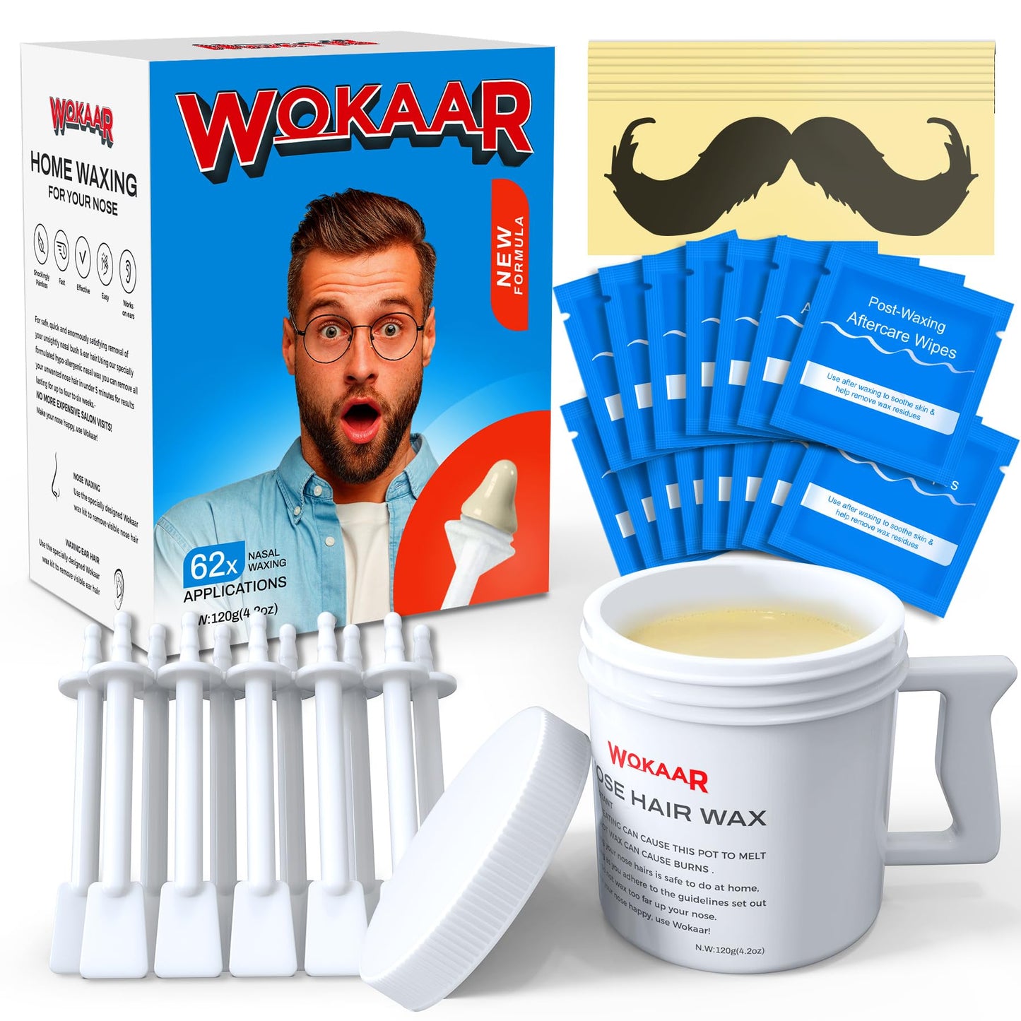 Wokaar Nose Hair Waxing Kit for Men and Women, 120g of hypoallergenic wax, 30 applicators, nose and ear hair removal wax, easy nostril waxing kit, 15 balm cloths.